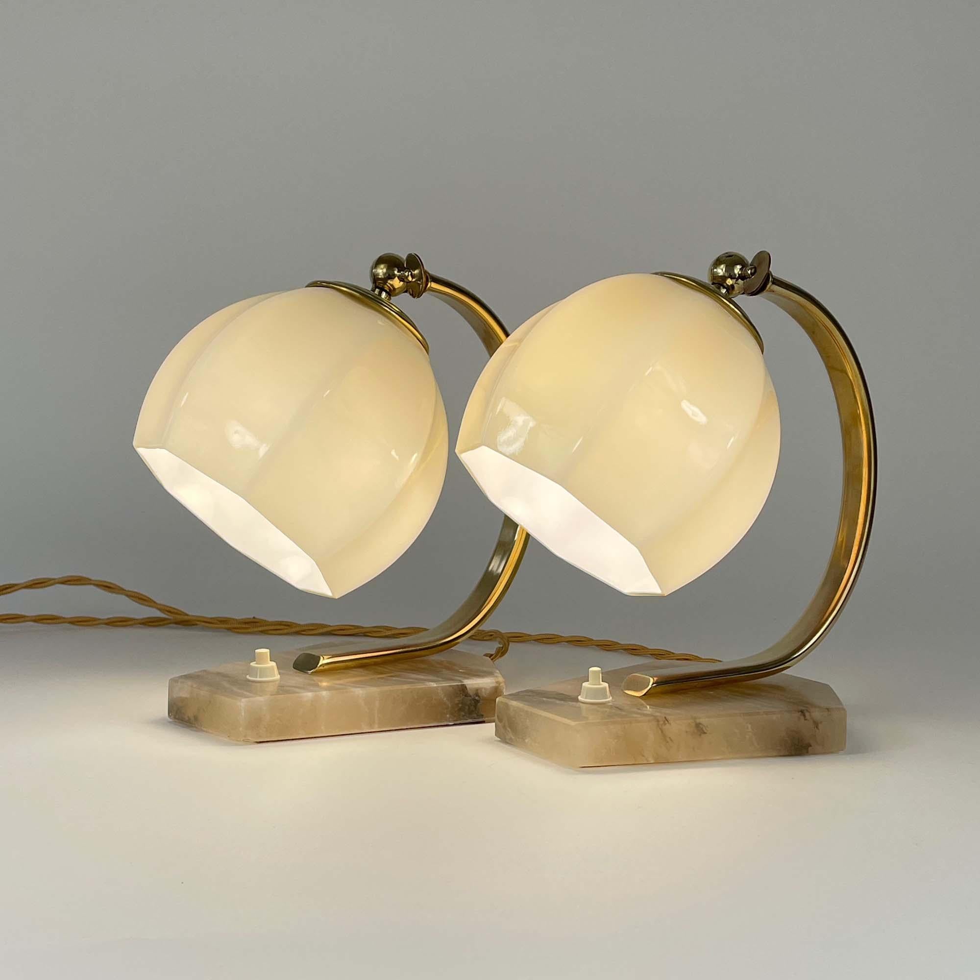 Mid-20th Century German Art Deco Opaline Glass, Alabaster and Brass Table Lamps, 1930s