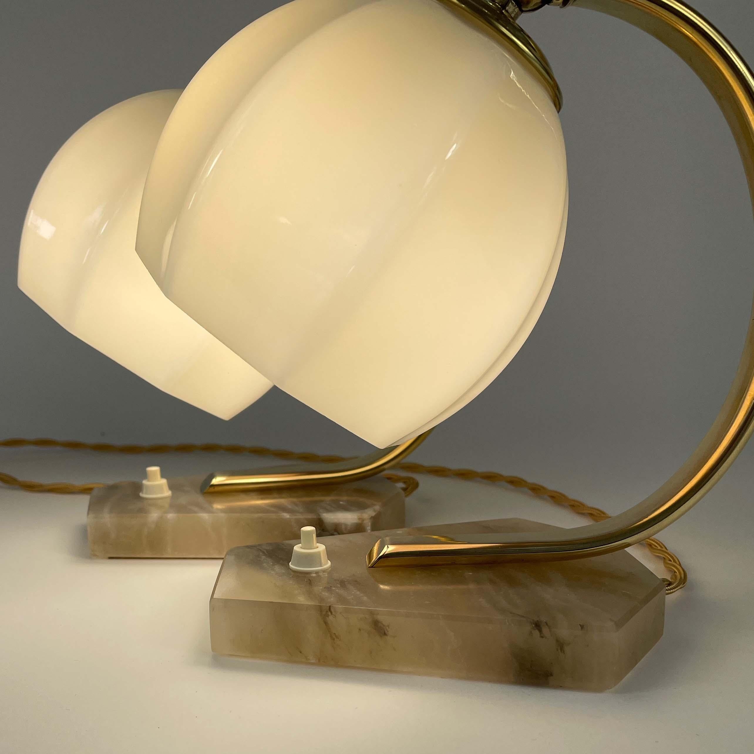 German Art Deco Opaline Glass, Alabaster and Brass Table Lamps, 1930s 2
