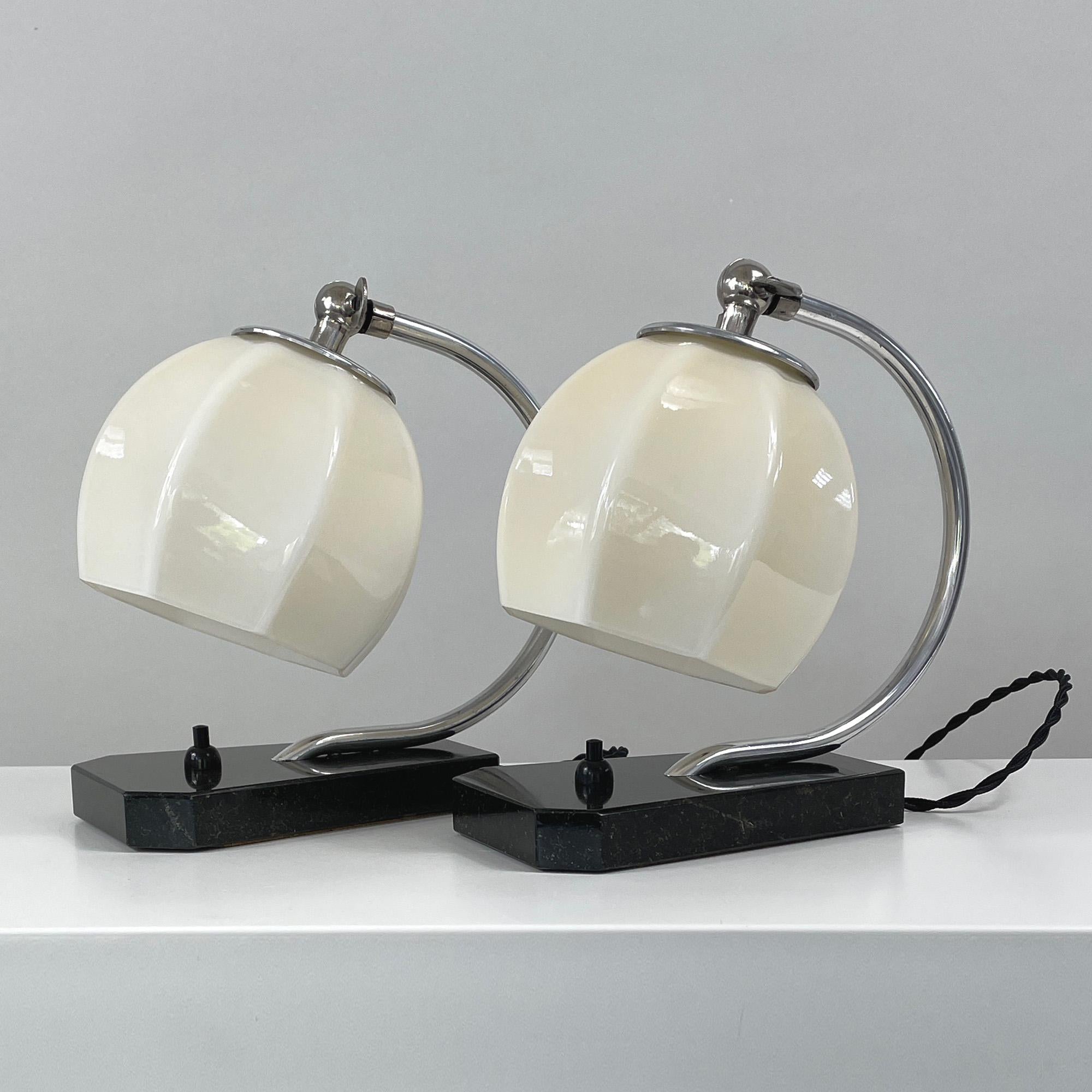 Mid-20th Century German Art Deco Opaline Glass, Marble and Aluminum Table Lamps, 1930s For Sale