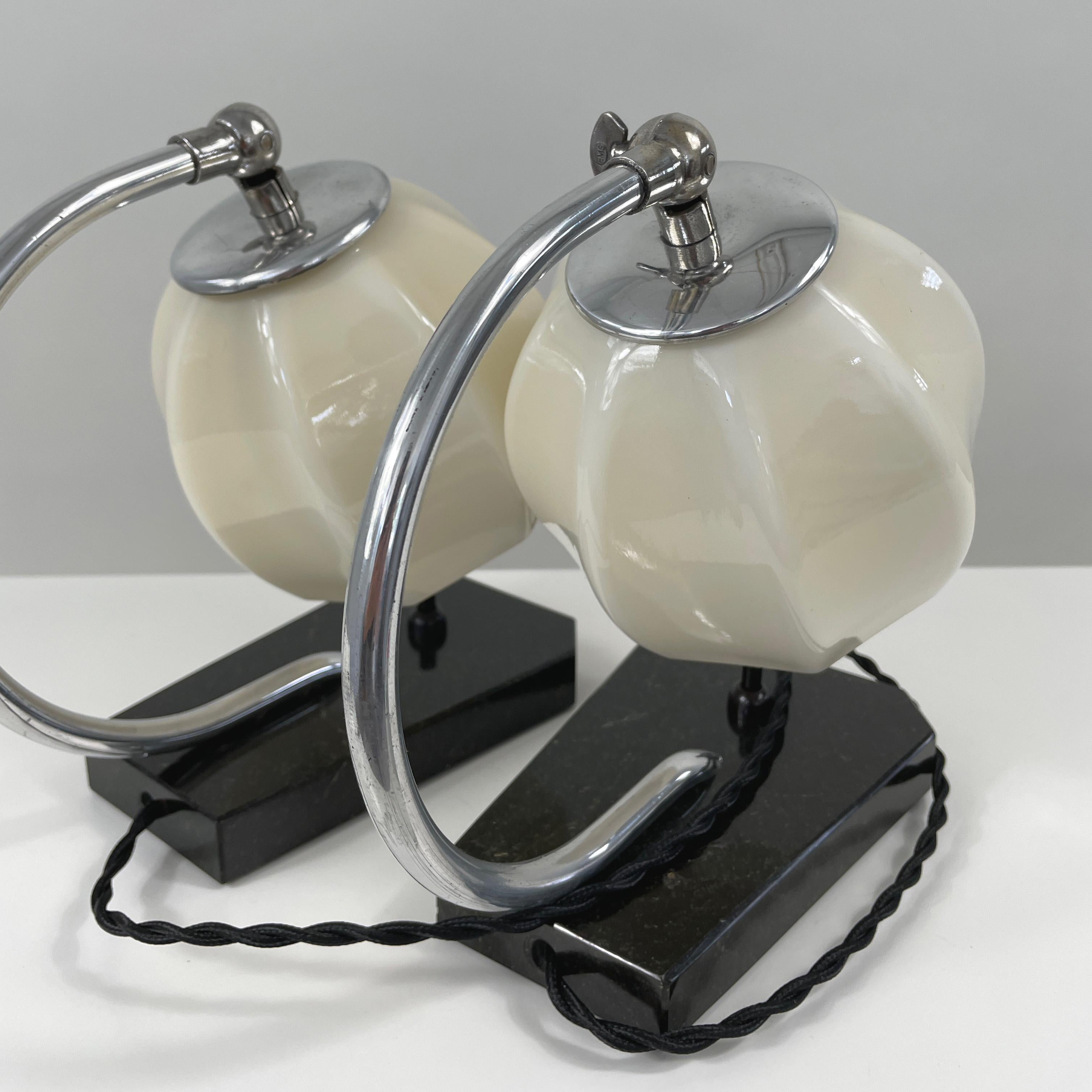 German Art Deco Opaline Glass, Marble and Aluminum Table Lamps, 1930s For Sale 4