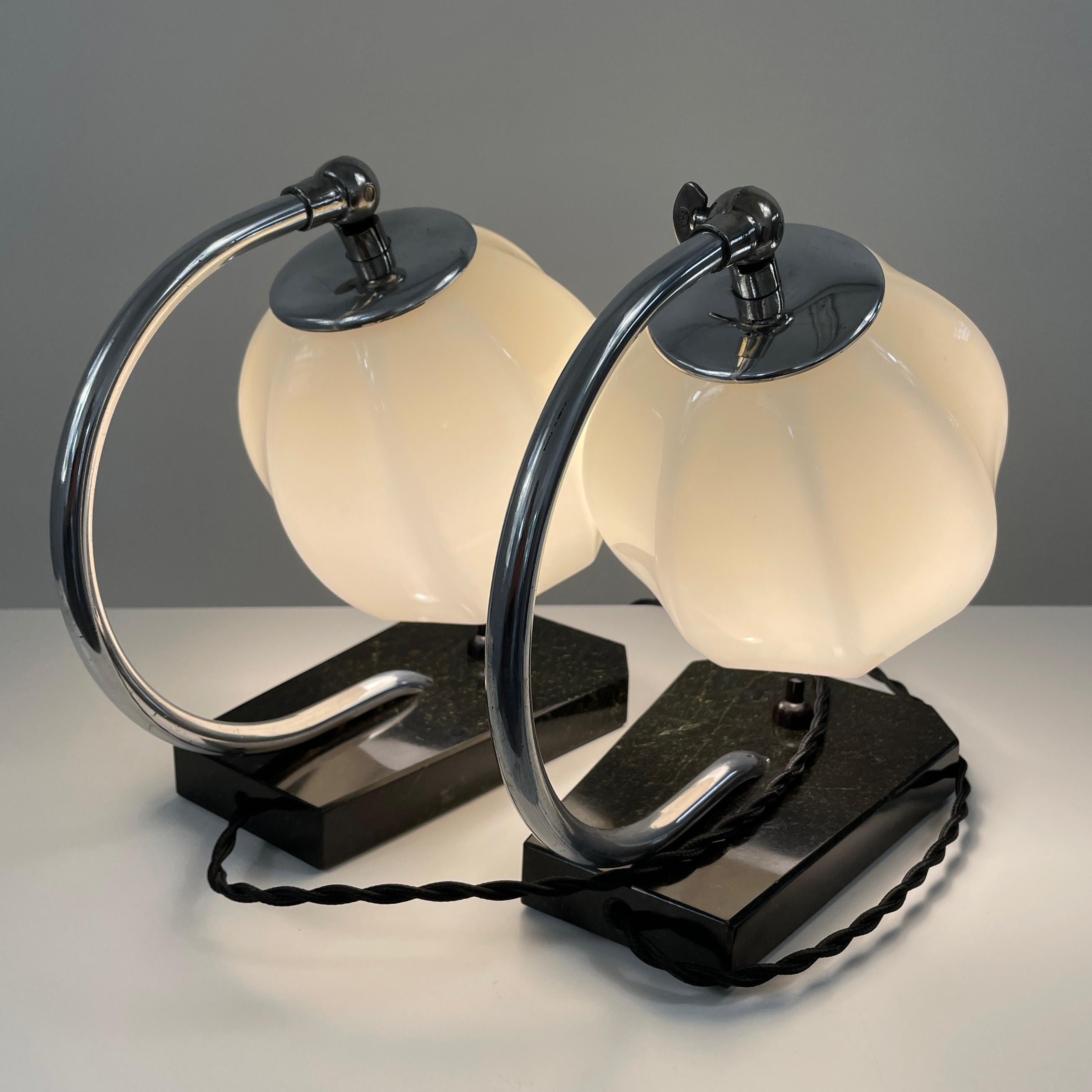 German Art Deco Opaline Glass, Marble and Aluminum Table Lamps, 1930s For Sale 5