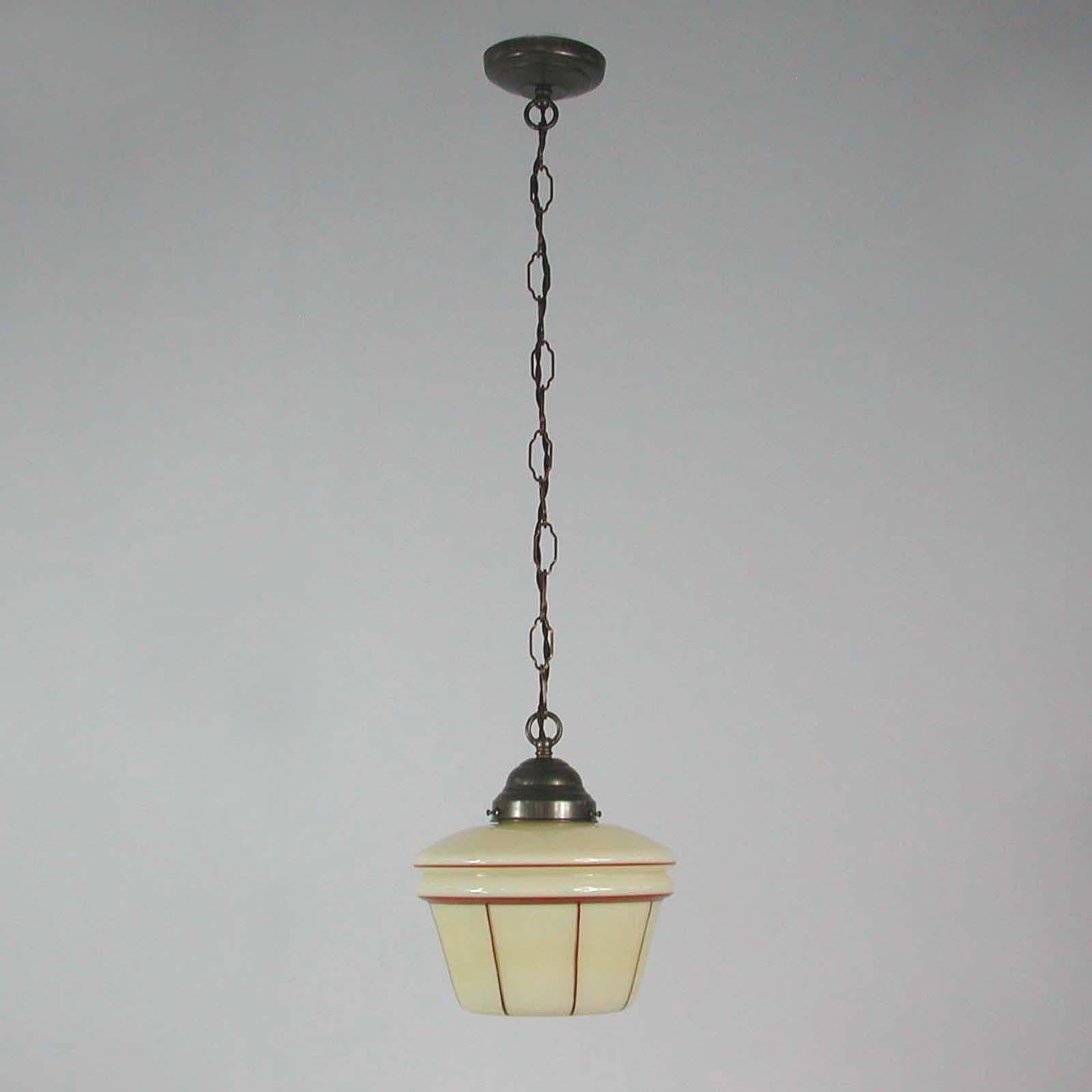 German Art Deco Patinated Brass & Opaline Glass Pendant, 1930s 8