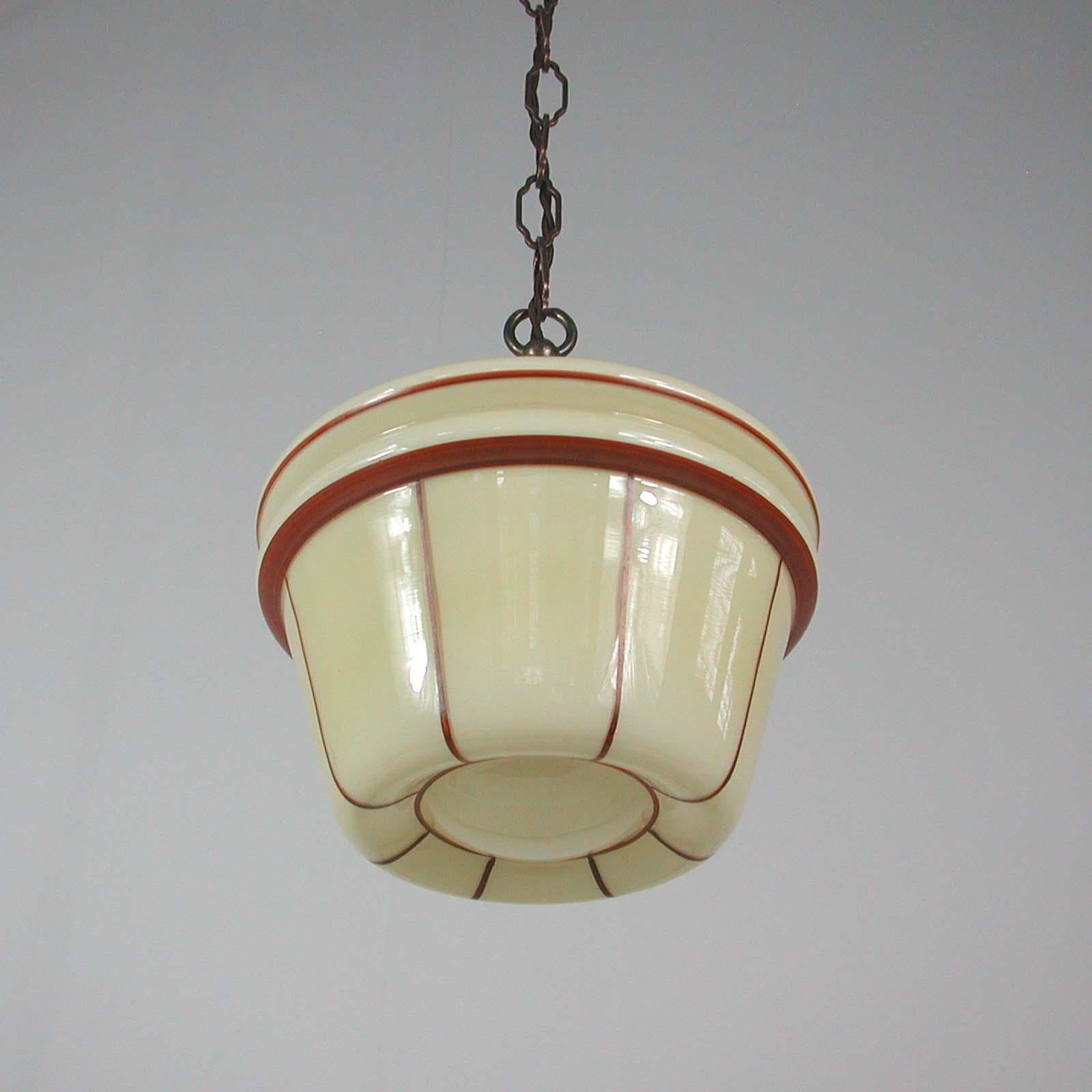 German Art Deco Patinated Brass & Opaline Glass Pendant, 1930s 9