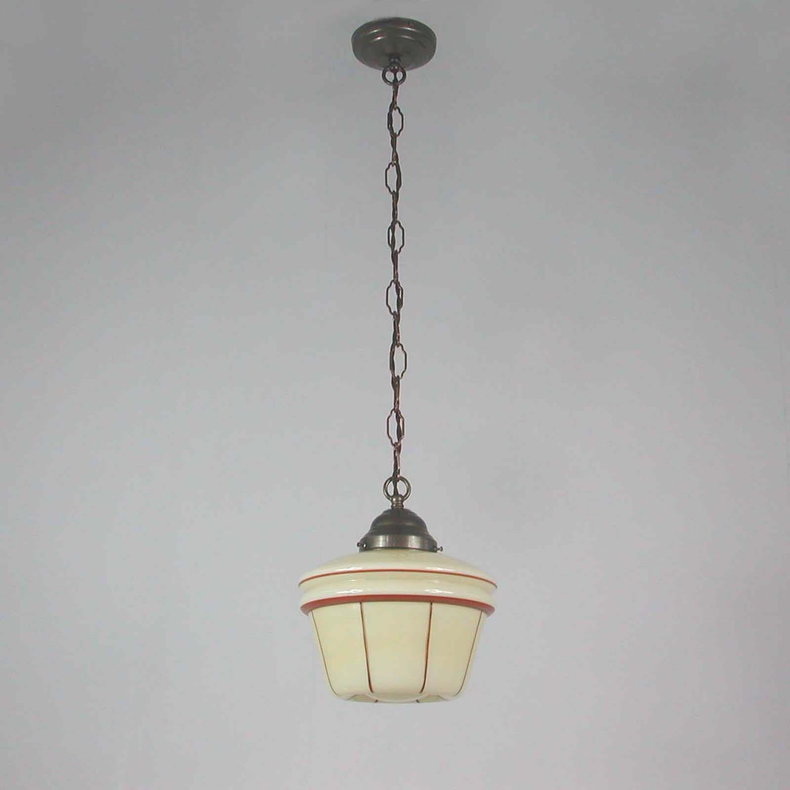 German Art Deco Patinated Brass & Opaline Glass Pendant, 1930s In Good Condition In NUEMBRECHT, NRW