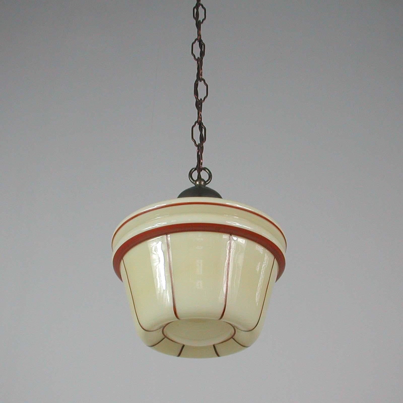 German Art Deco Patinated Brass & Opaline Glass Pendant, 1930s 1