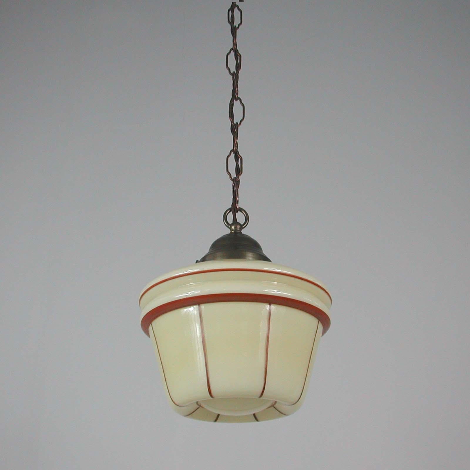 German Art Deco Patinated Brass & Opaline Glass Pendant, 1930s 3