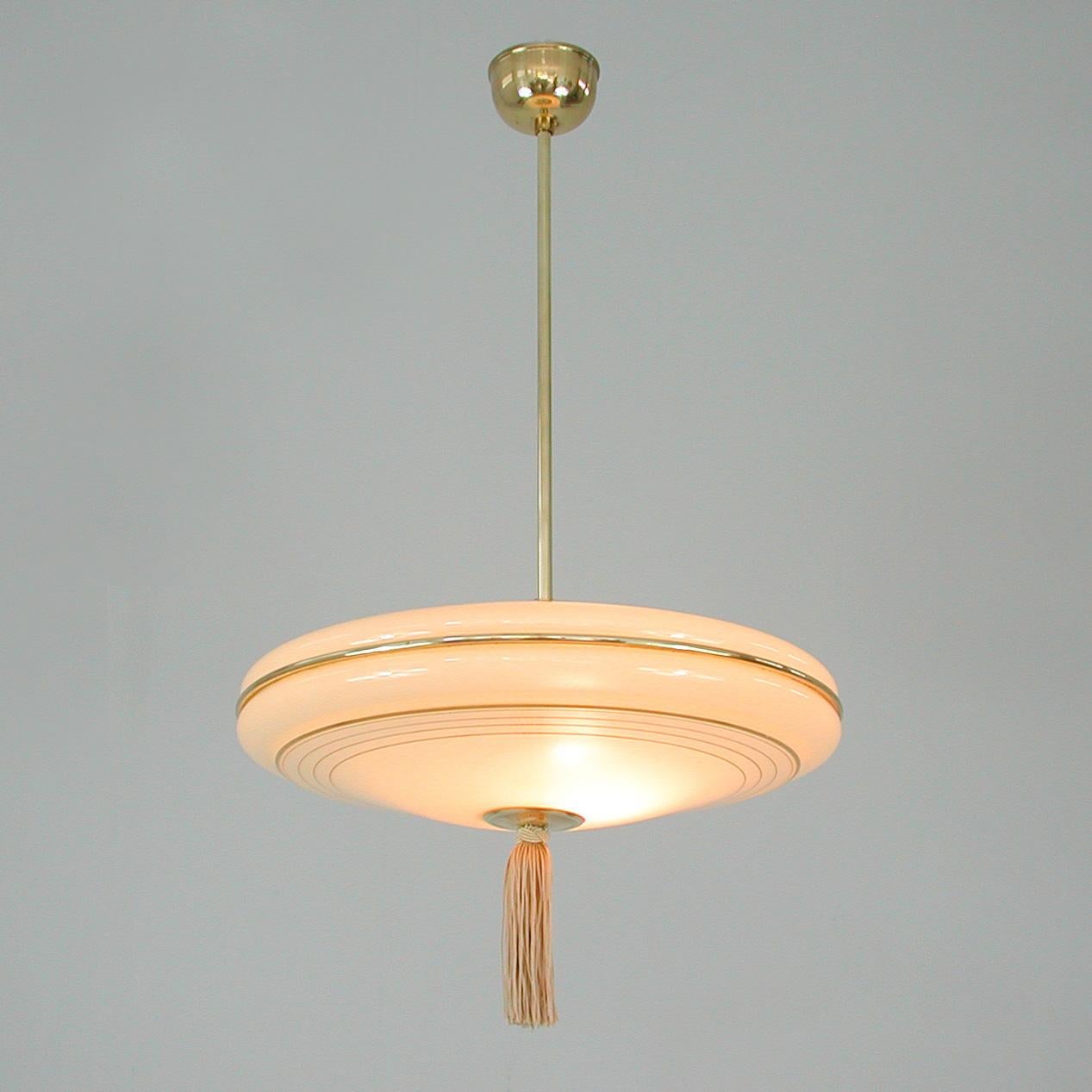 German Art Deco Pendant, Ivory Glass, Brass & Gilt Overlay, 1930s In Good Condition In NUEMBRECHT, NRW