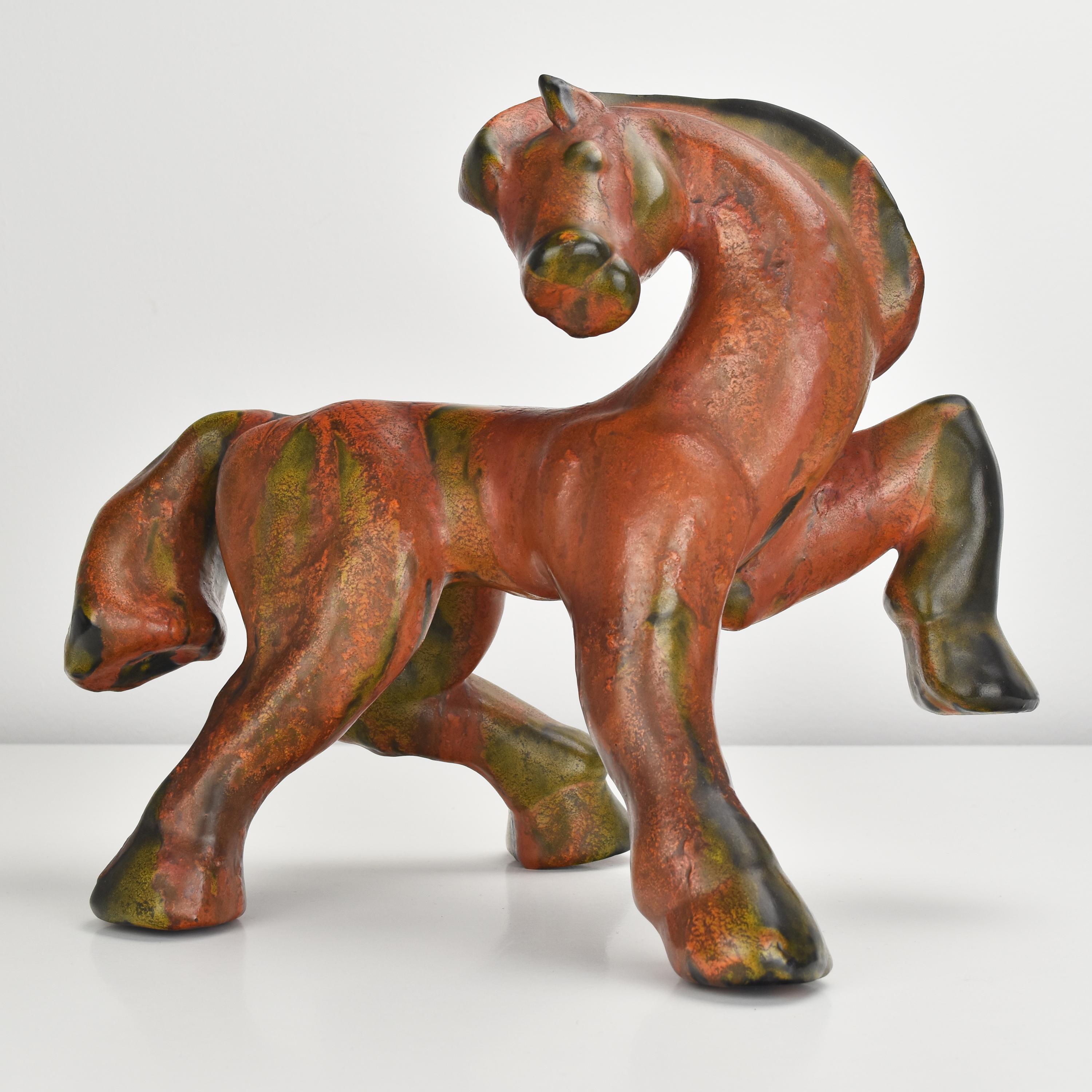 Glazed German Art Deco Pottery Ceramic Horse Sculpture Figurine After Franz Marc For Sale