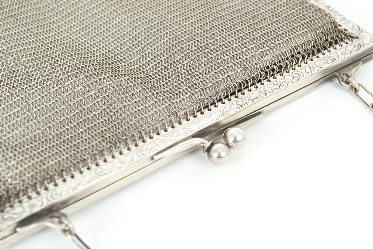 Art Deco German Silver Metal Micro Mesh Evening Bag with Chain Handle, 1930s 1