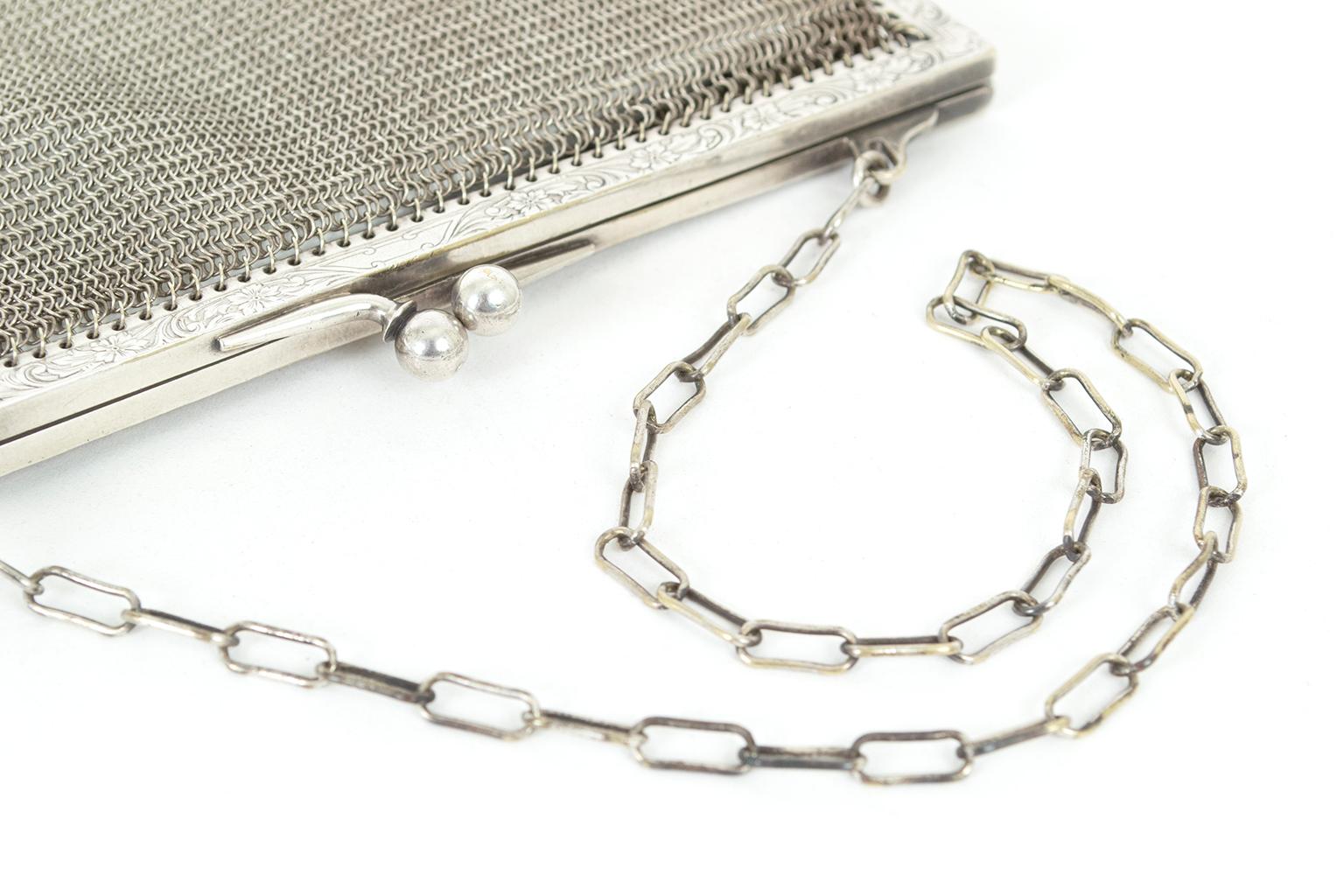 Art Deco German Silver Metal Micro Mesh Evening Bag with Chain Handle, 1930s 2