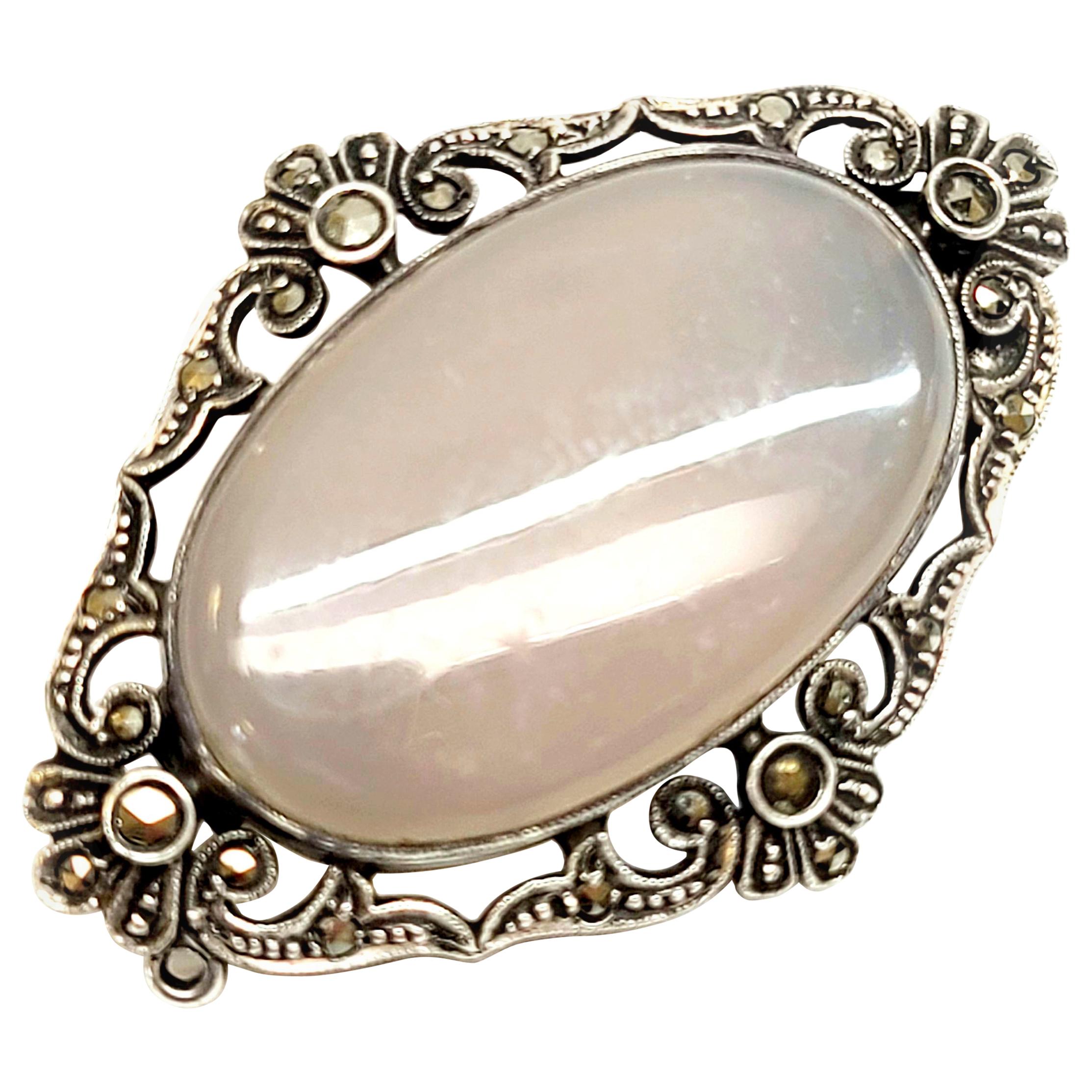 German Art Deco Sterling Silver Marcasite Brooch with Tanslucent Gray Stone