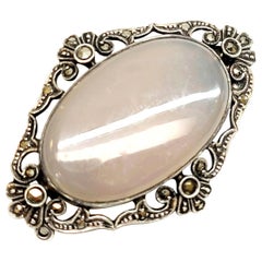 Vintage German Art Deco Sterling Silver Marcasite Brooch with Tanslucent Gray Stone