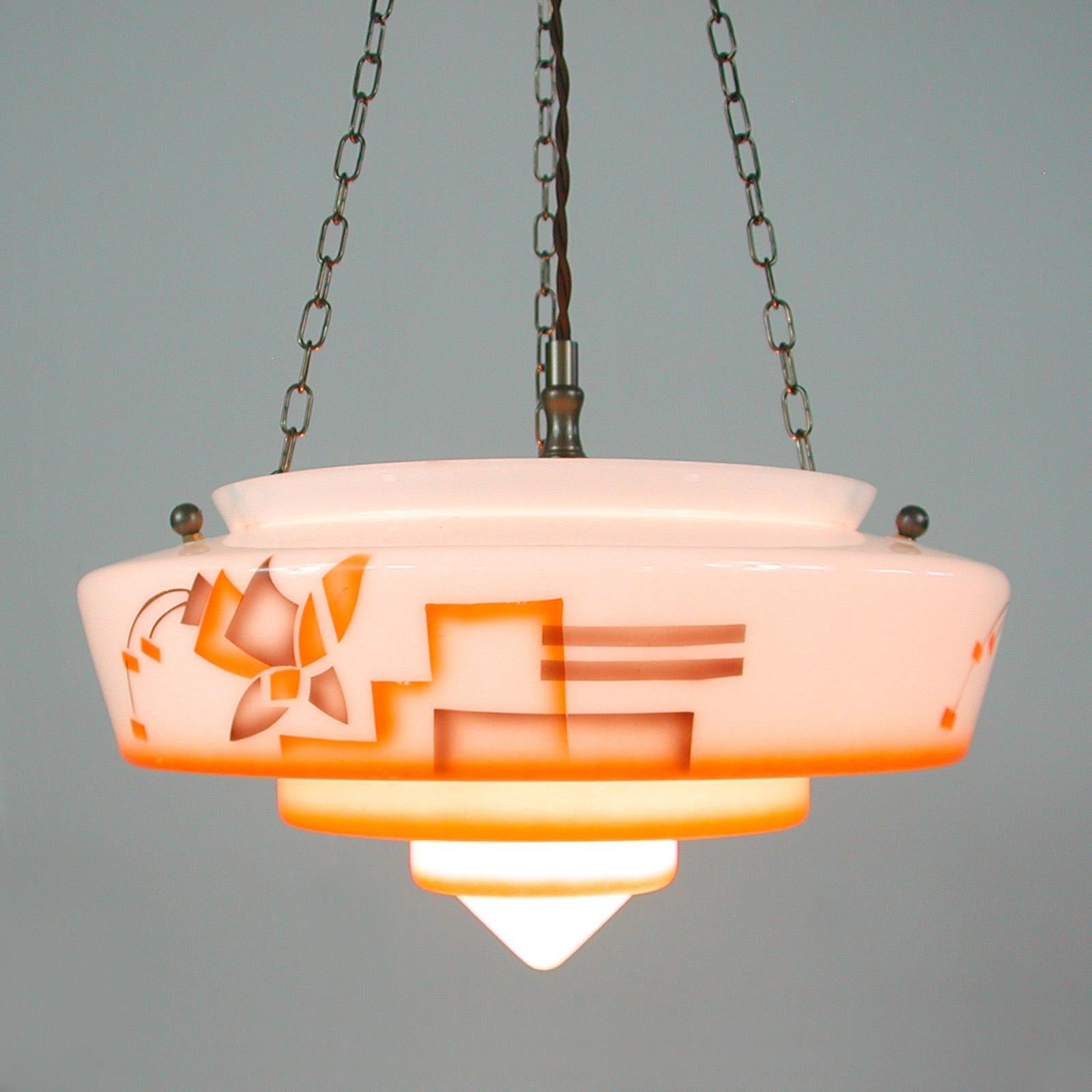 German Art Deco Suspension Light, Enameled Glass and Brass, 1930s For Sale 4