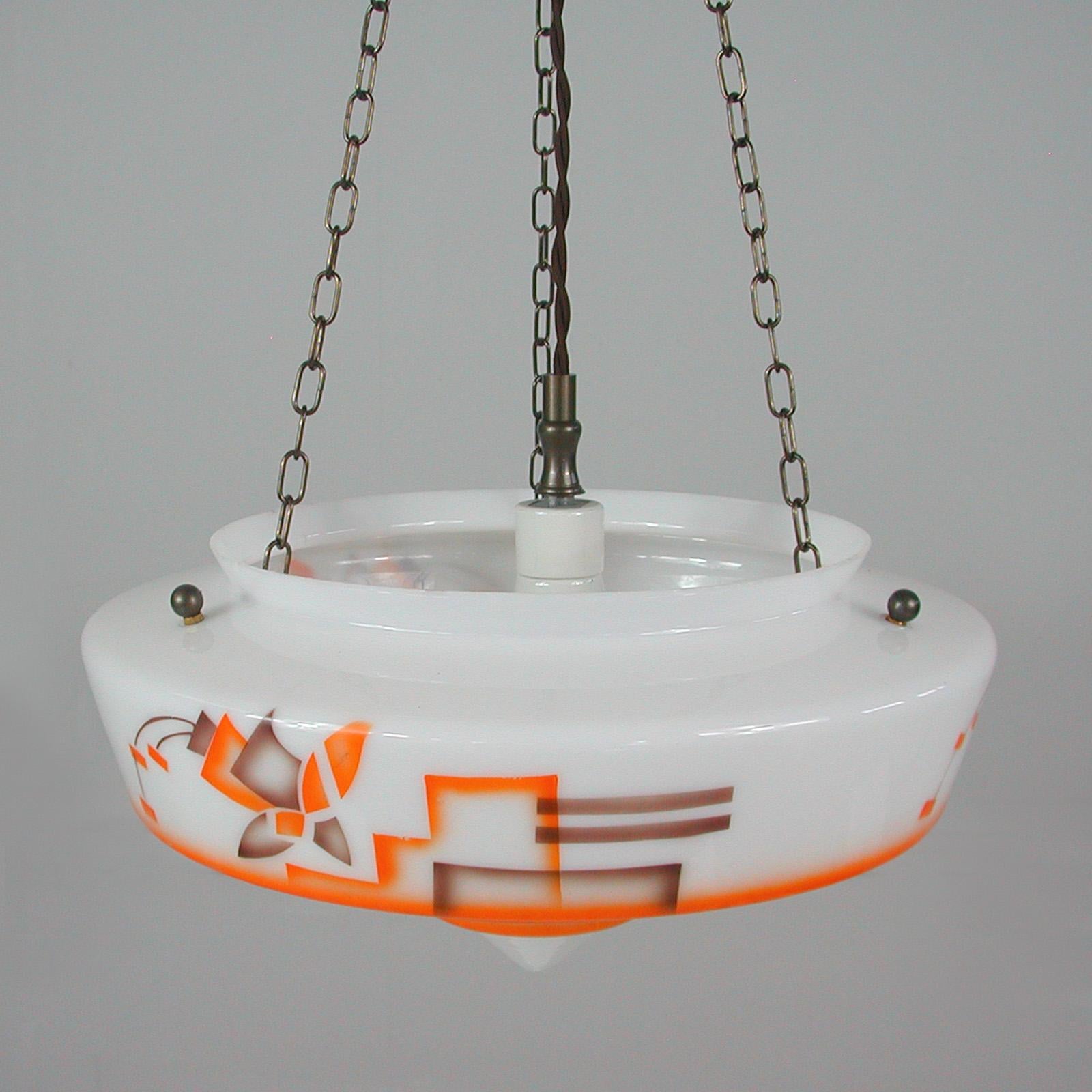 German Art Deco Suspension Light, Enameled Glass and Brass, 1930s For Sale 5