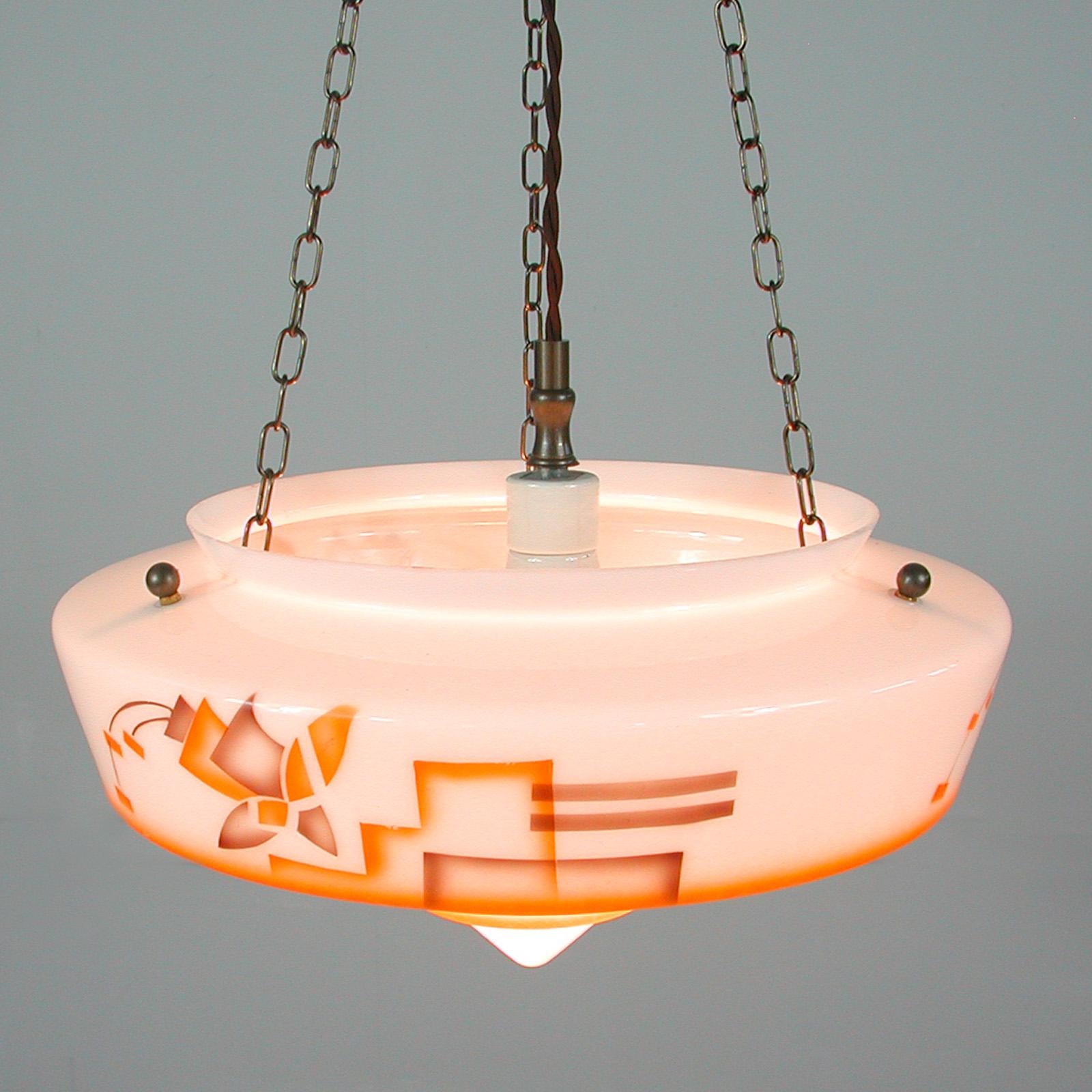 German Art Deco Suspension Light, Enameled Glass and Brass, 1930s For Sale 6