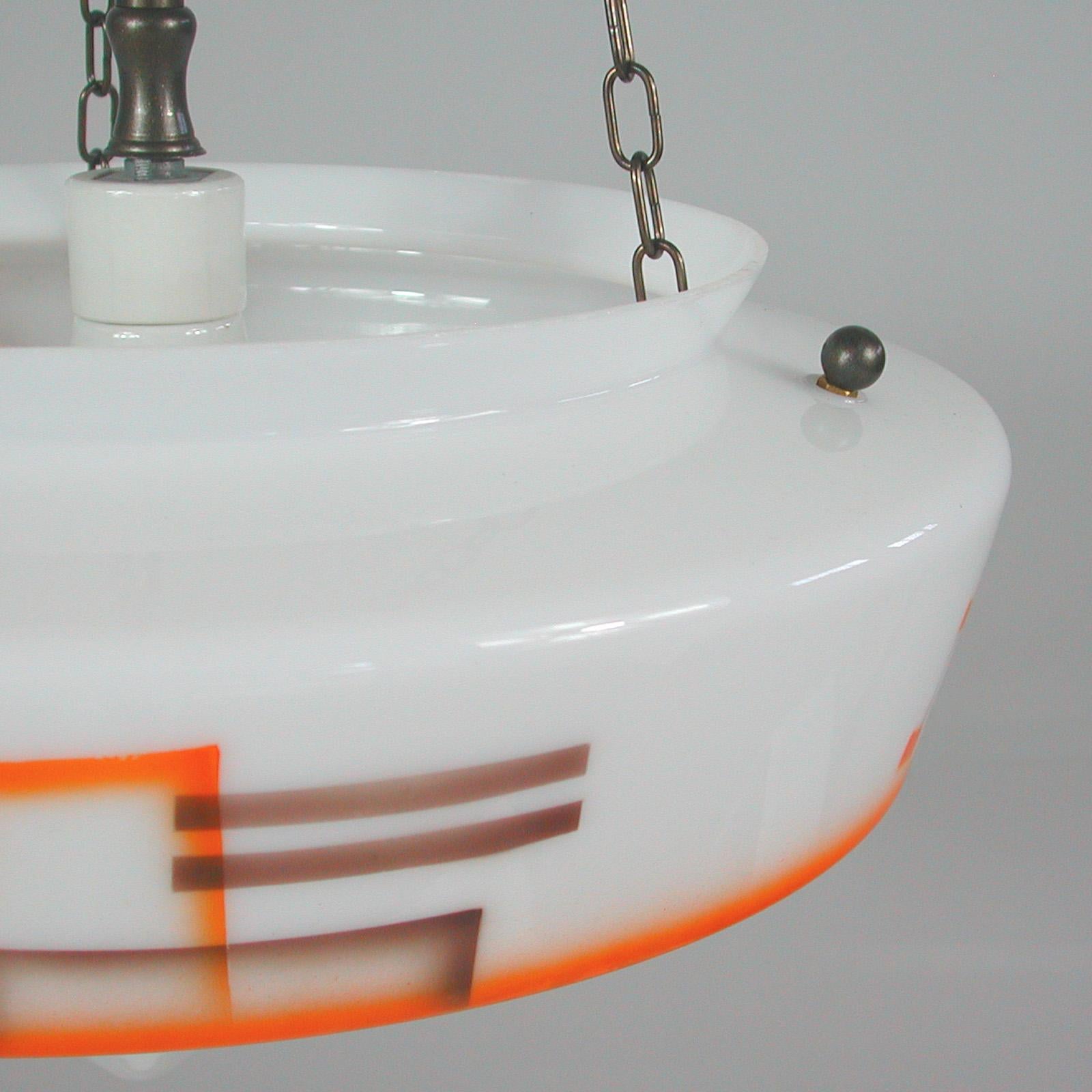 German Art Deco Suspension Light, Enameled Glass and Brass, 1930s For Sale 7