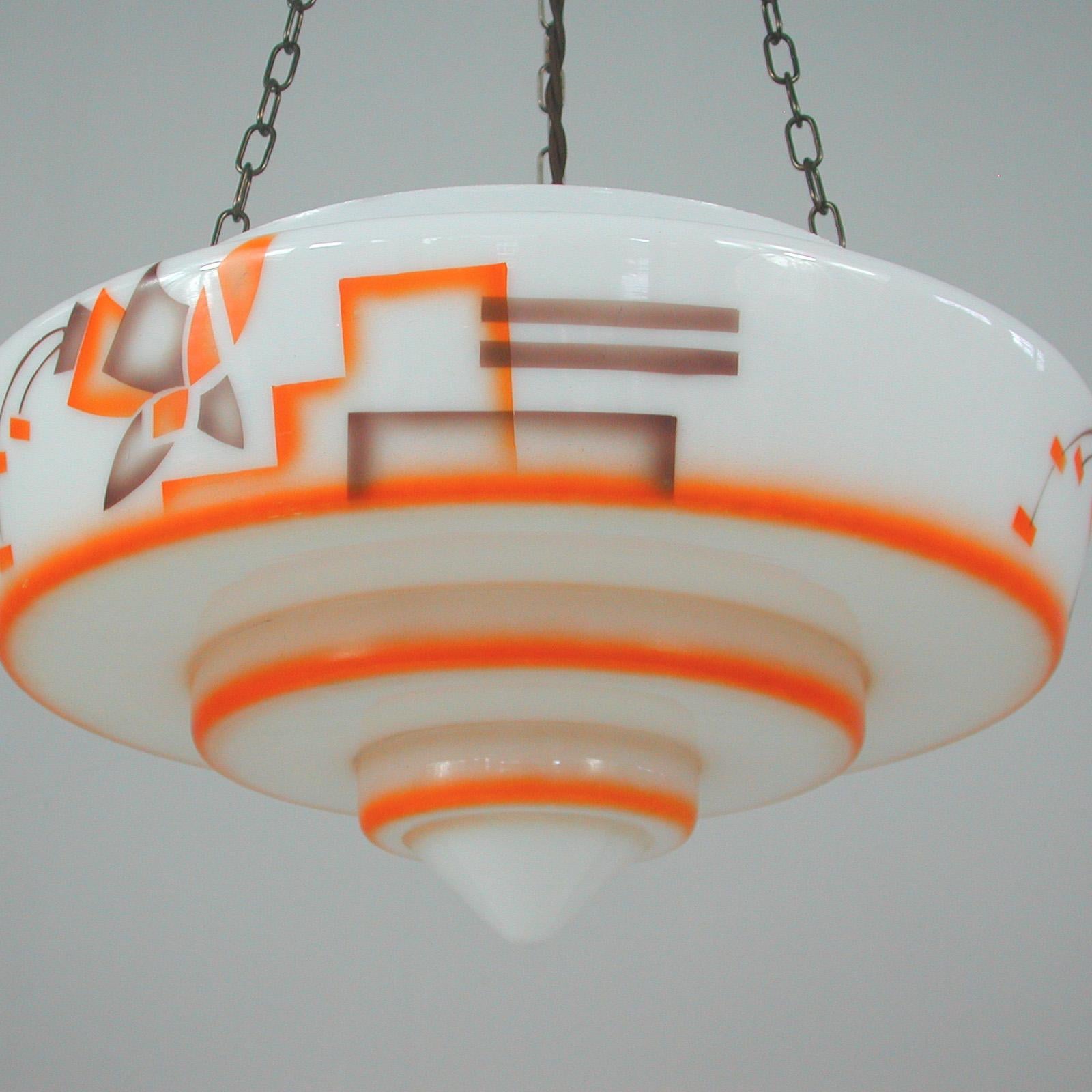 German Art Deco Suspension Light, Enameled Glass and Brass, 1930s For Sale 9