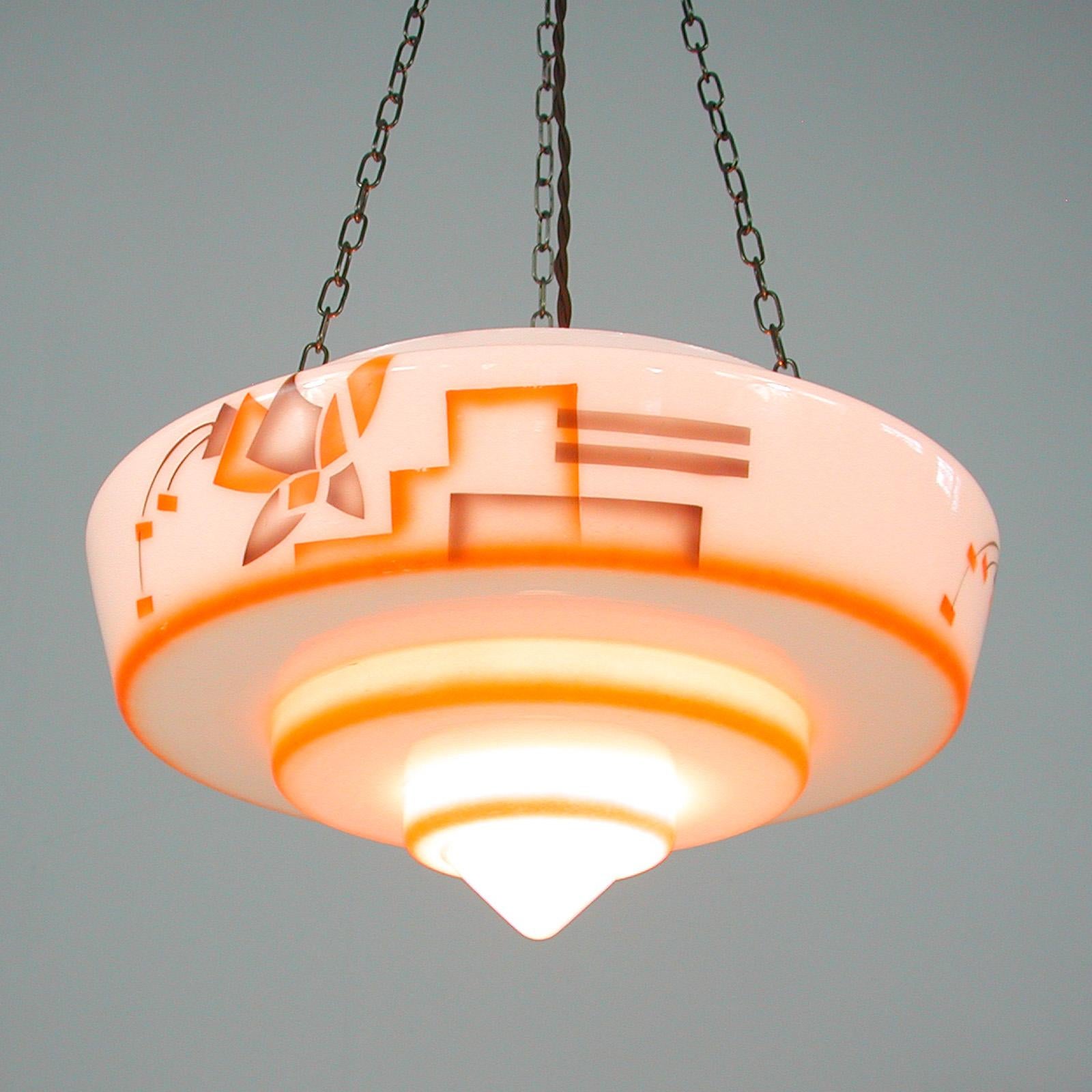 German Art Deco Suspension Light, Enameled Glass and Brass, 1930s For Sale 10