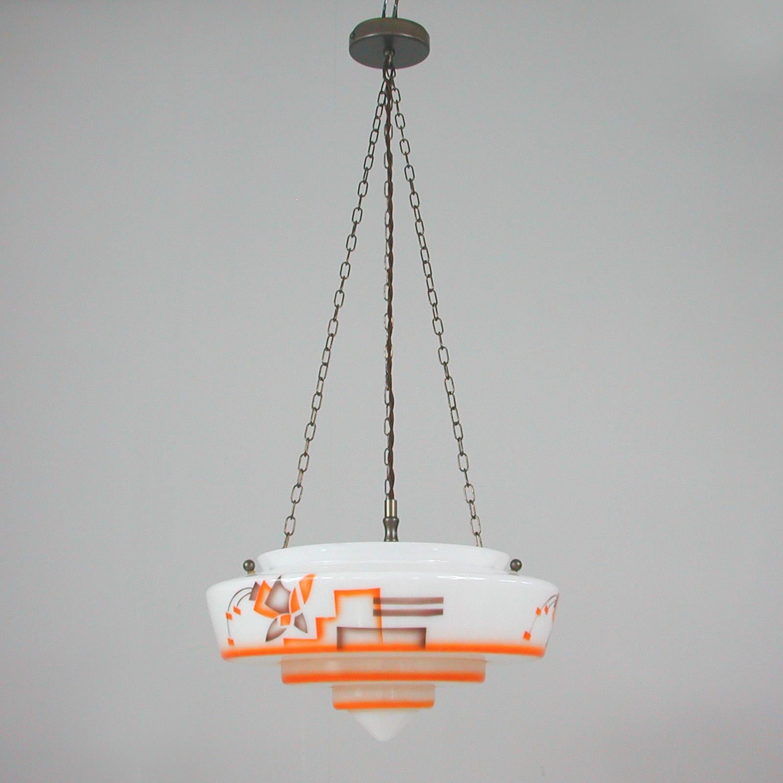 German Art Deco Suspension Light, Enameled Glass and Brass, 1930s For Sale 11