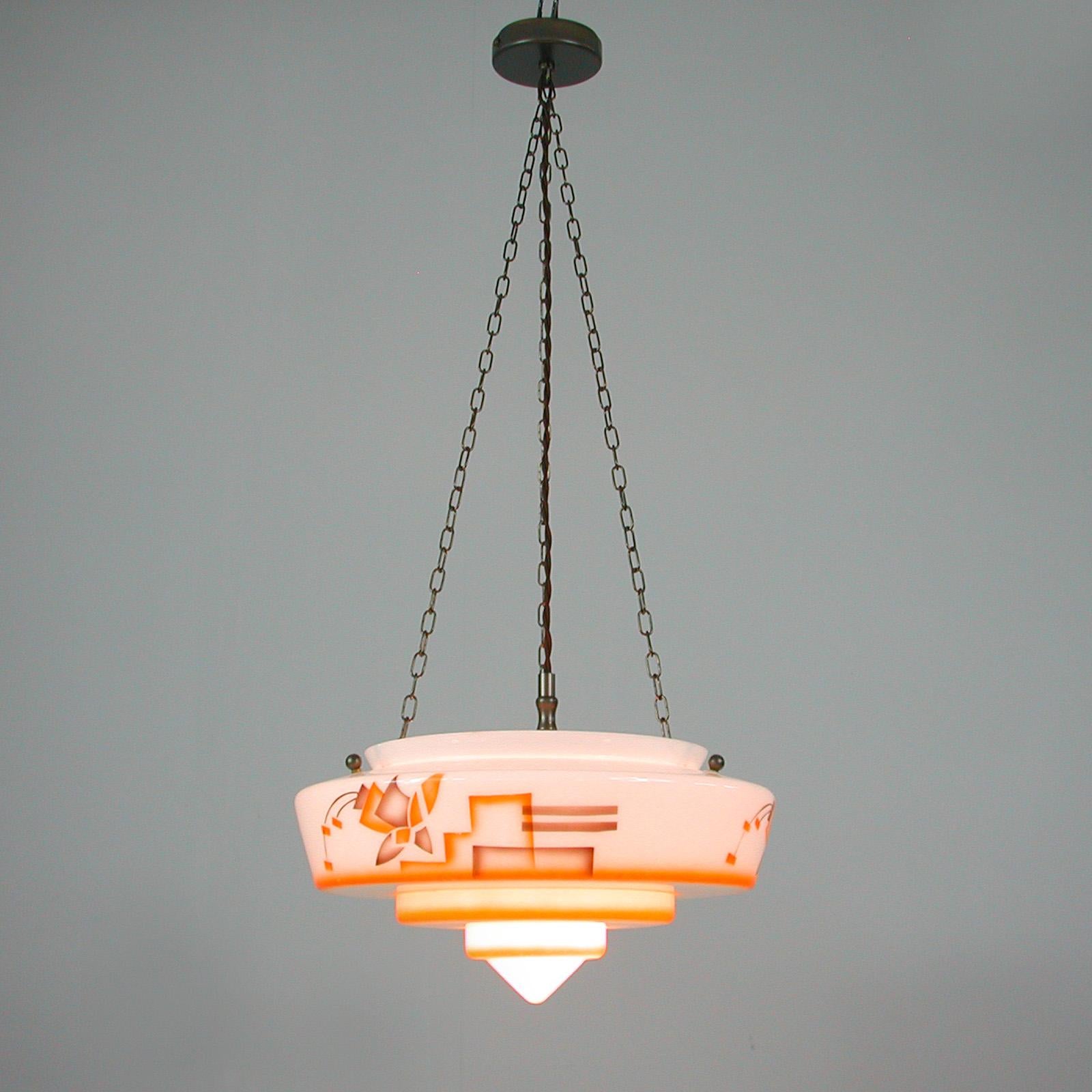 German Art Deco Suspension Light, Enameled Glass and Brass, 1930s For Sale 12