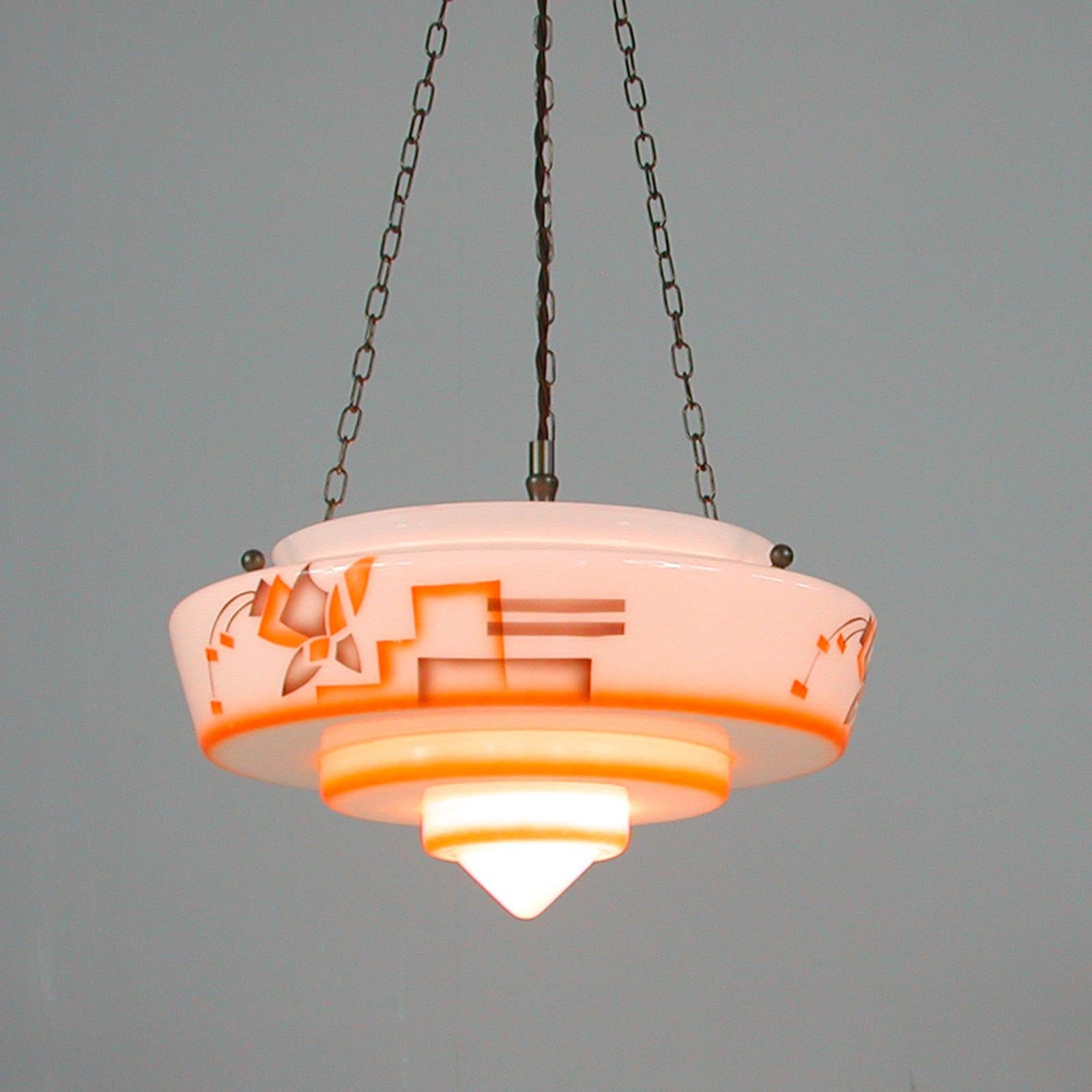 Mid-20th Century German Art Deco Suspension Light, Enameled Glass and Brass, 1930s For Sale
