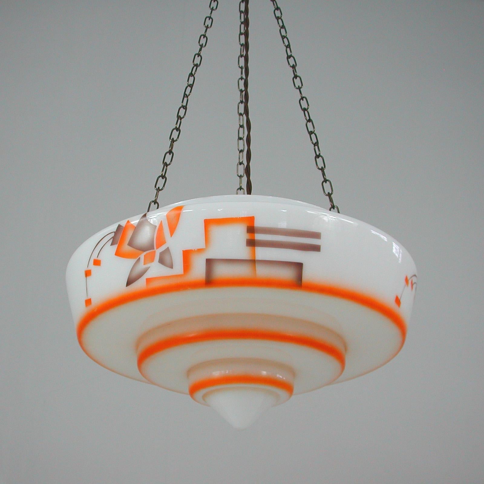 German Art Deco Suspension Light, Enameled Glass and Brass, 1930s For Sale 1