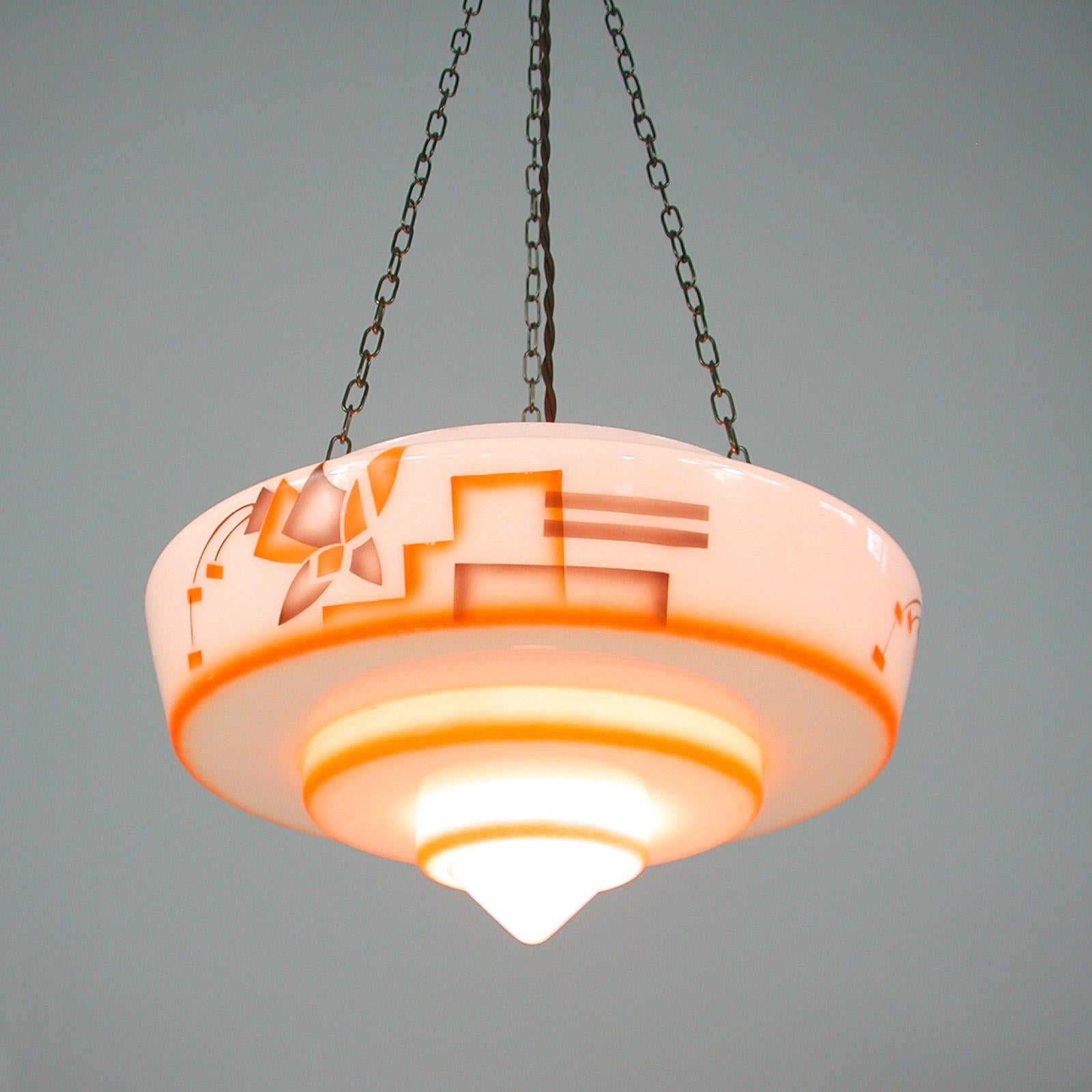 German Art Deco Suspension Light, Enameled Glass and Brass, 1930s For Sale 2