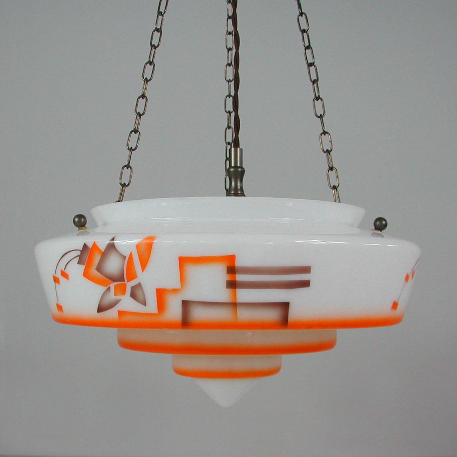 German Art Deco Suspension Light, Enameled Glass and Brass, 1930s For Sale 3