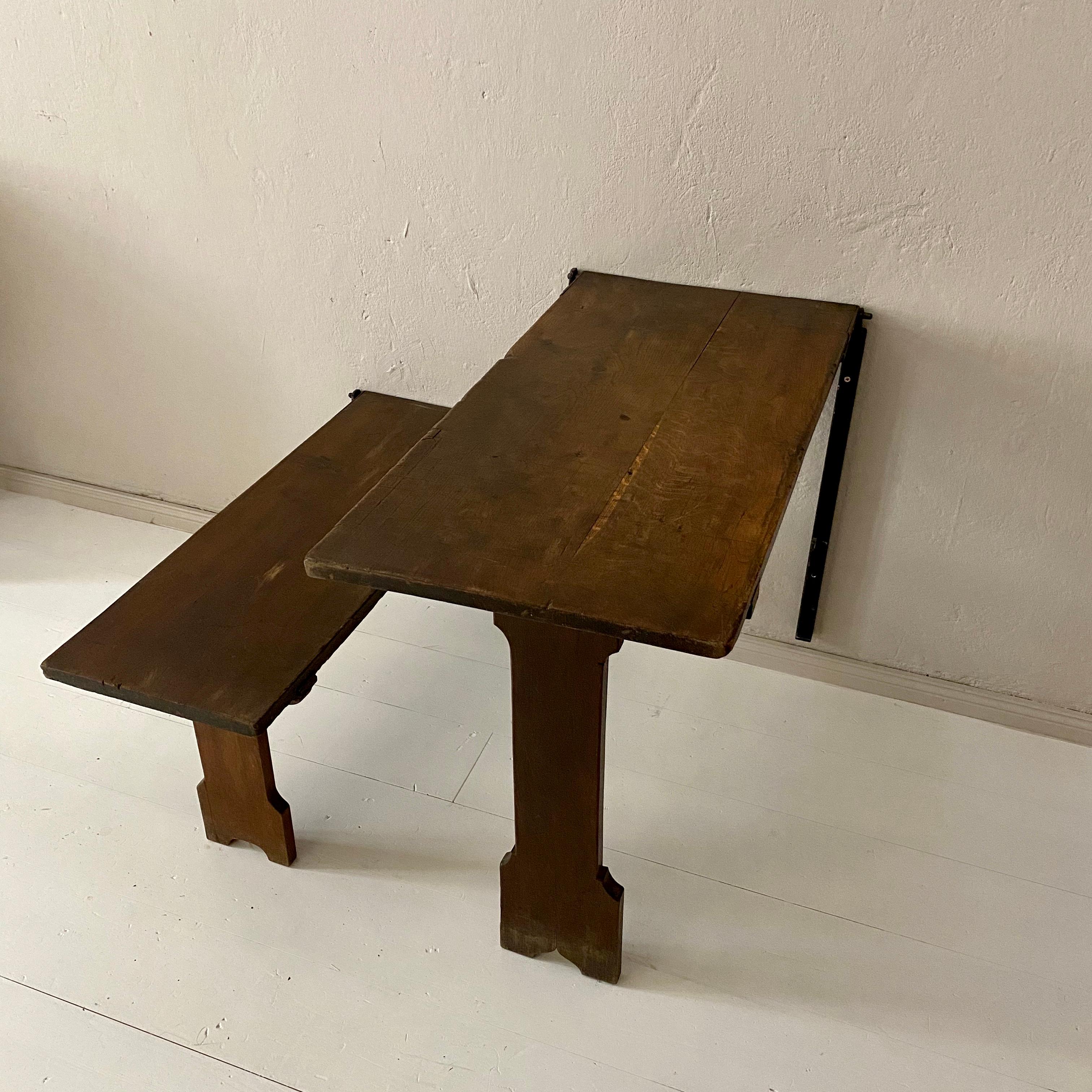 Metal German Art Deco Wabi Sabi Naive Brown Oak Prison Cell Table and Bench, 1930s For Sale