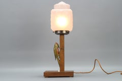 German Art Deco Wooden and Frosted Glass Table Lamp with a Woodpecker