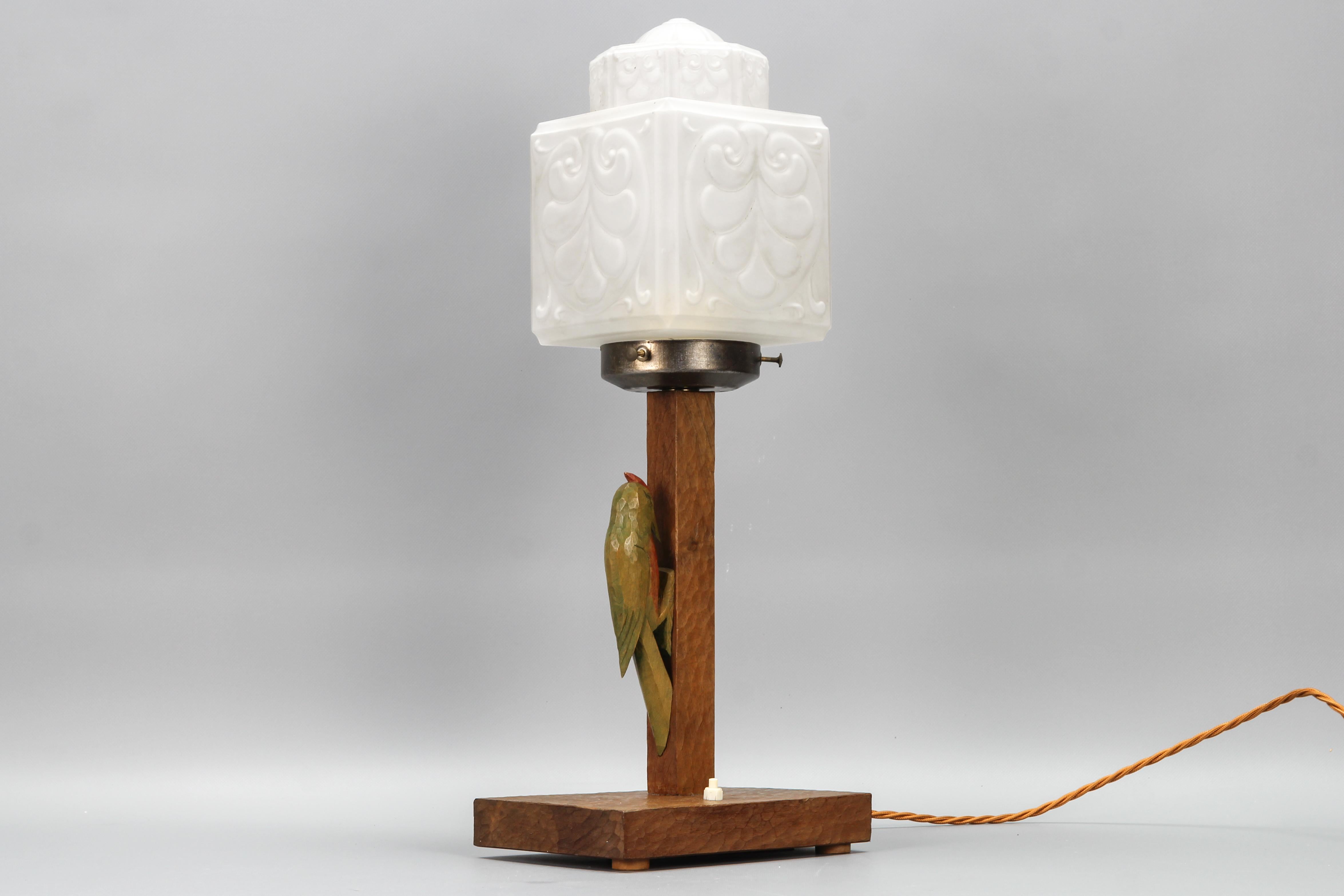 Metal German Art Deco Wooden and Frosted Glass Table Lamp with a Woodpecker For Sale