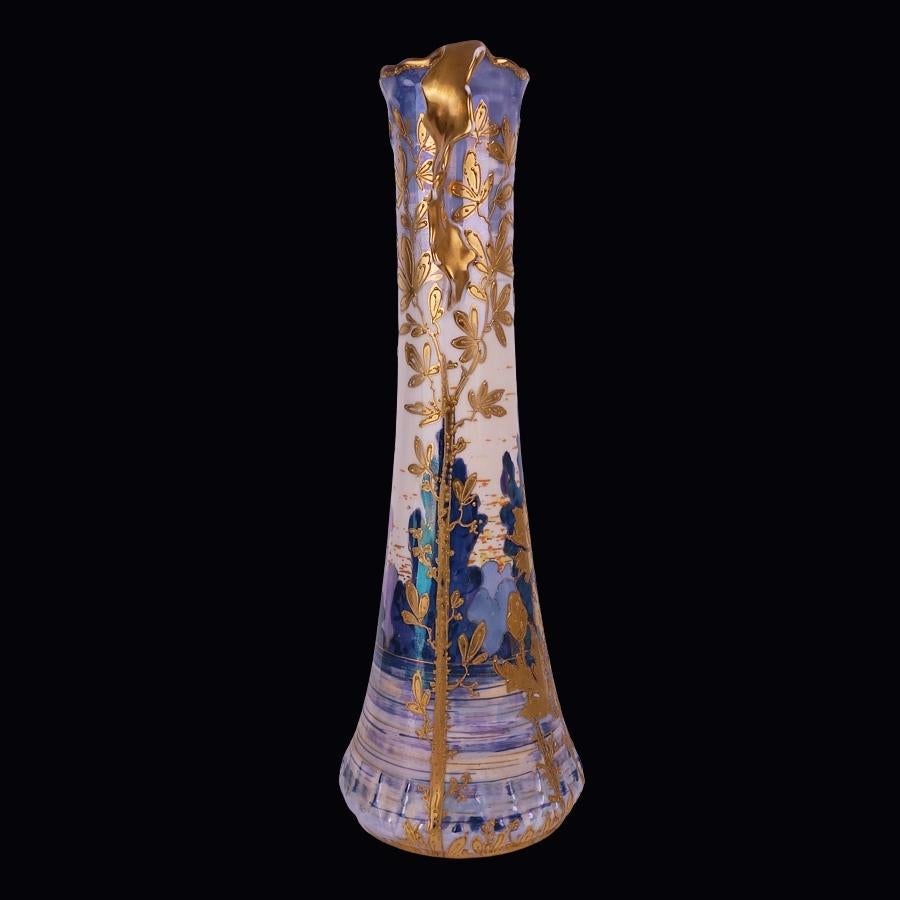 Molded German Art Nouveau Blue Gold Porcelain Vase Erdmann Schlegelmilch 1905 For Sale