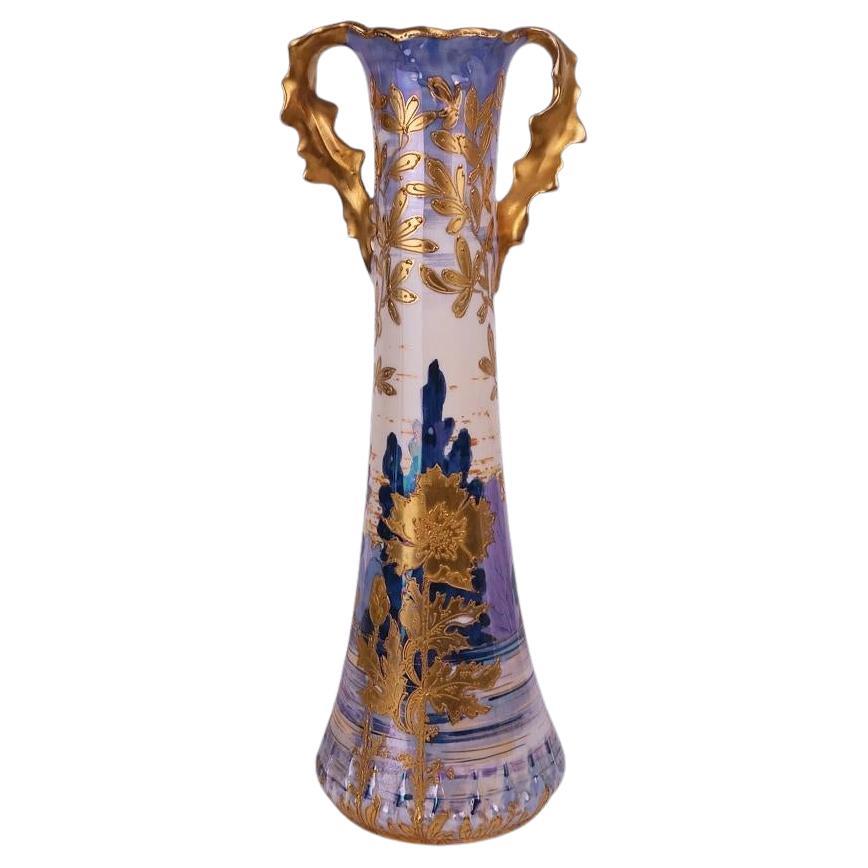 German Art Nouveau Blue Gold Porcelain Vase Erdmann Schlegelmilch 1905