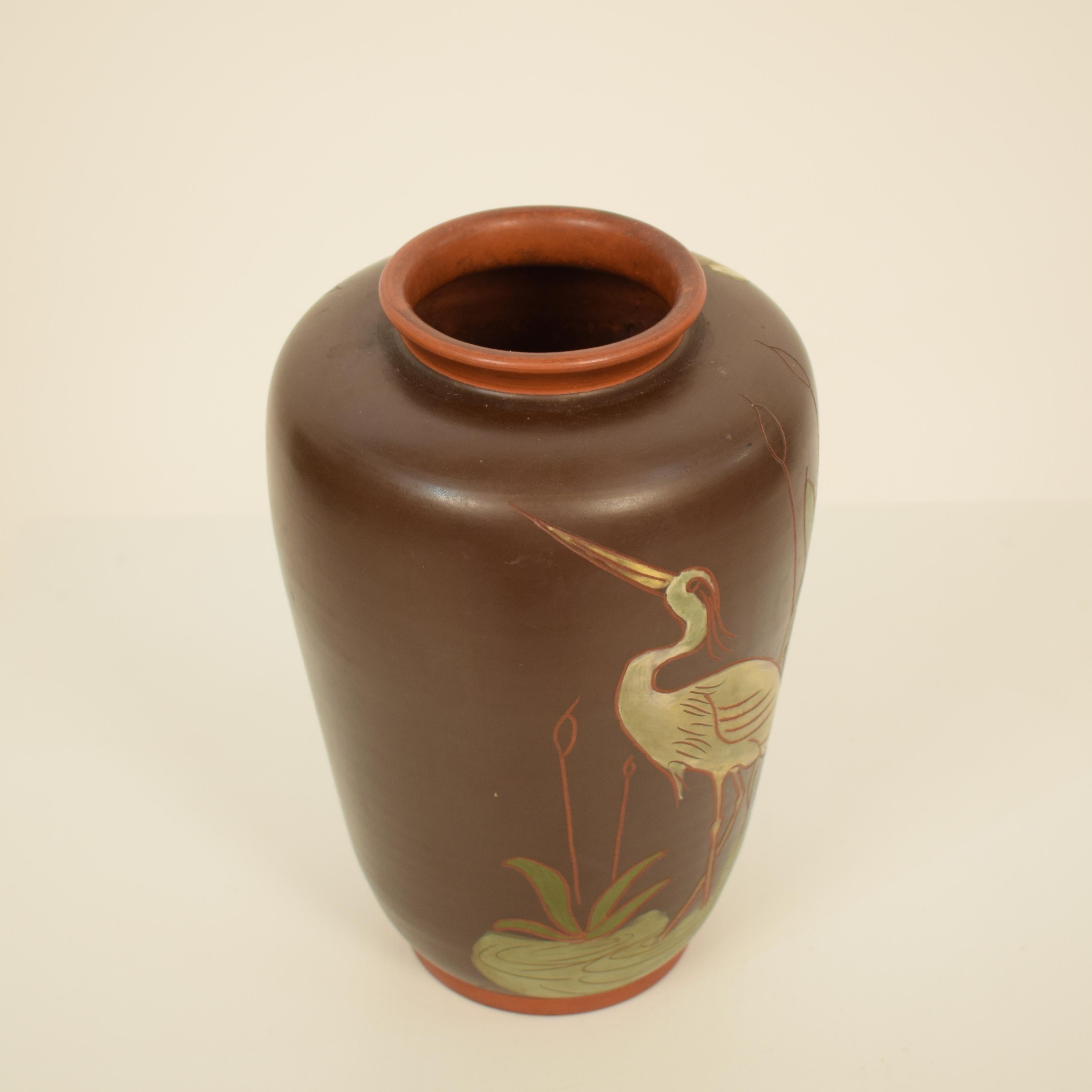 German Art Nouveau Ceramic Painted Vase with a Crane and Reed, circa 1910 In Good Condition For Sale In Berlin, DE