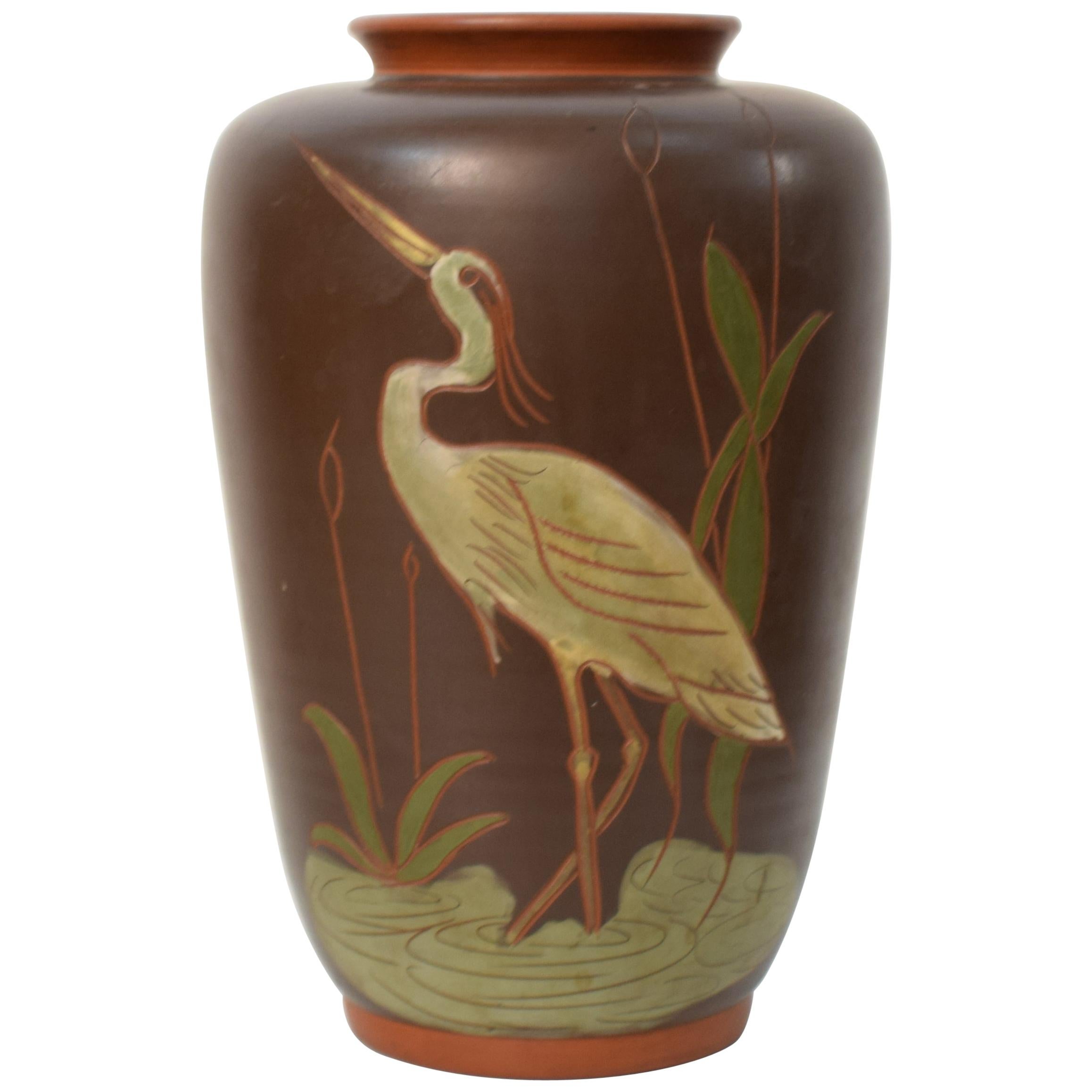 German Art Nouveau Ceramic Painted Vase with a Crane and Reed, circa 1910 For Sale