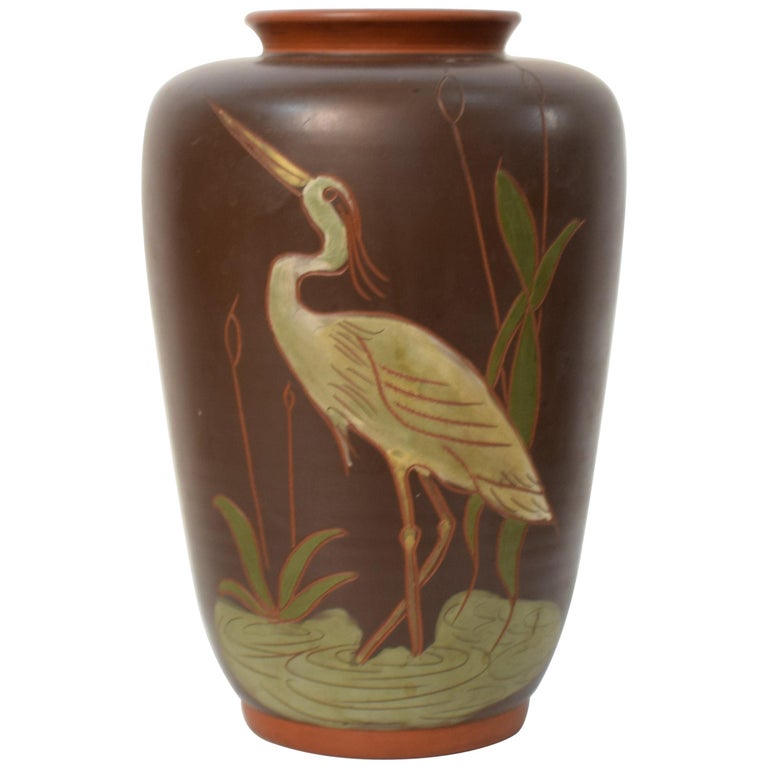 German Art Nouveau Ceramic Painted Vase with a Crane and Reed, circa 1910  For Sale at 1stDibs