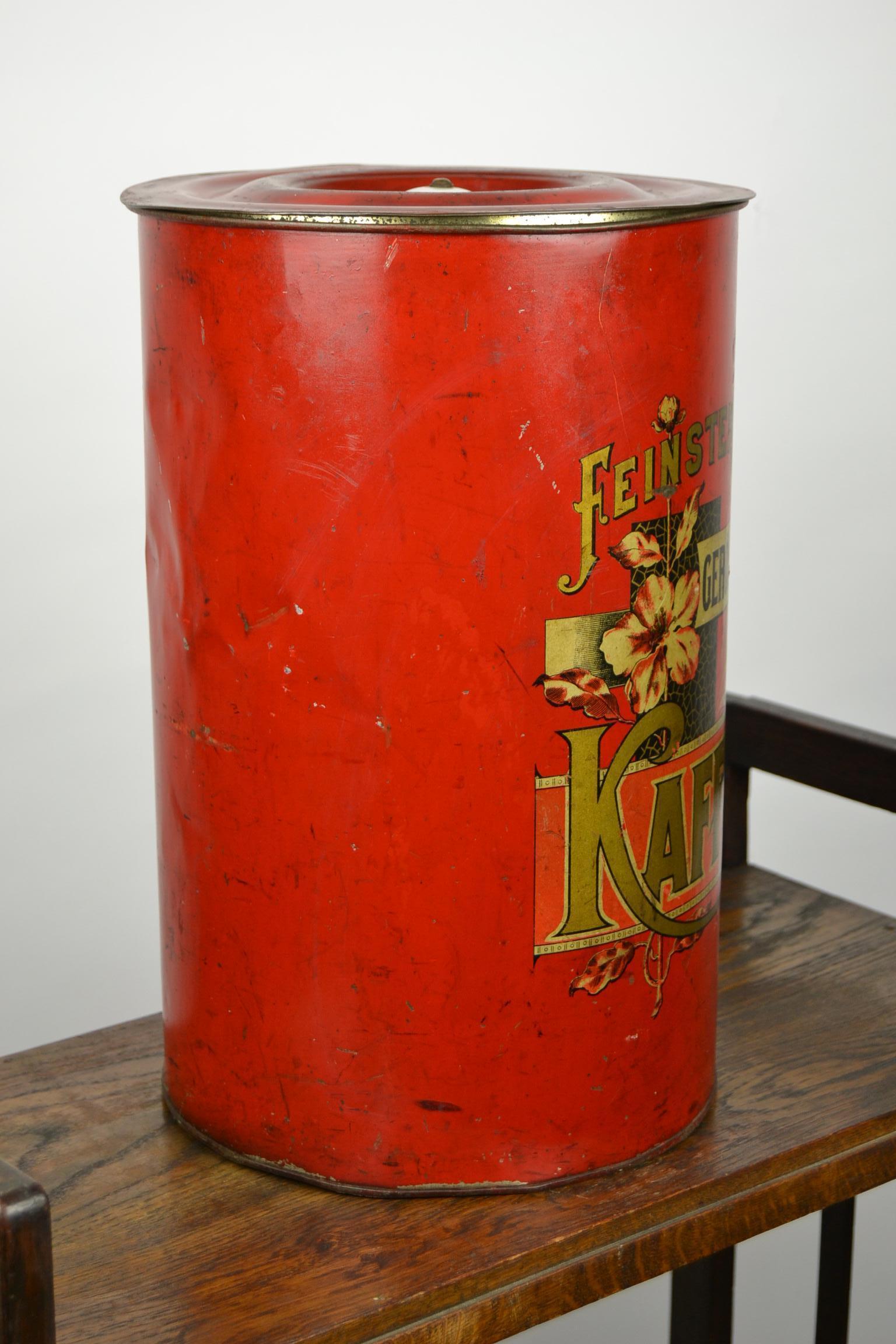 German Art Nouveau Coffee Bin, Red Tole with Flowers 6