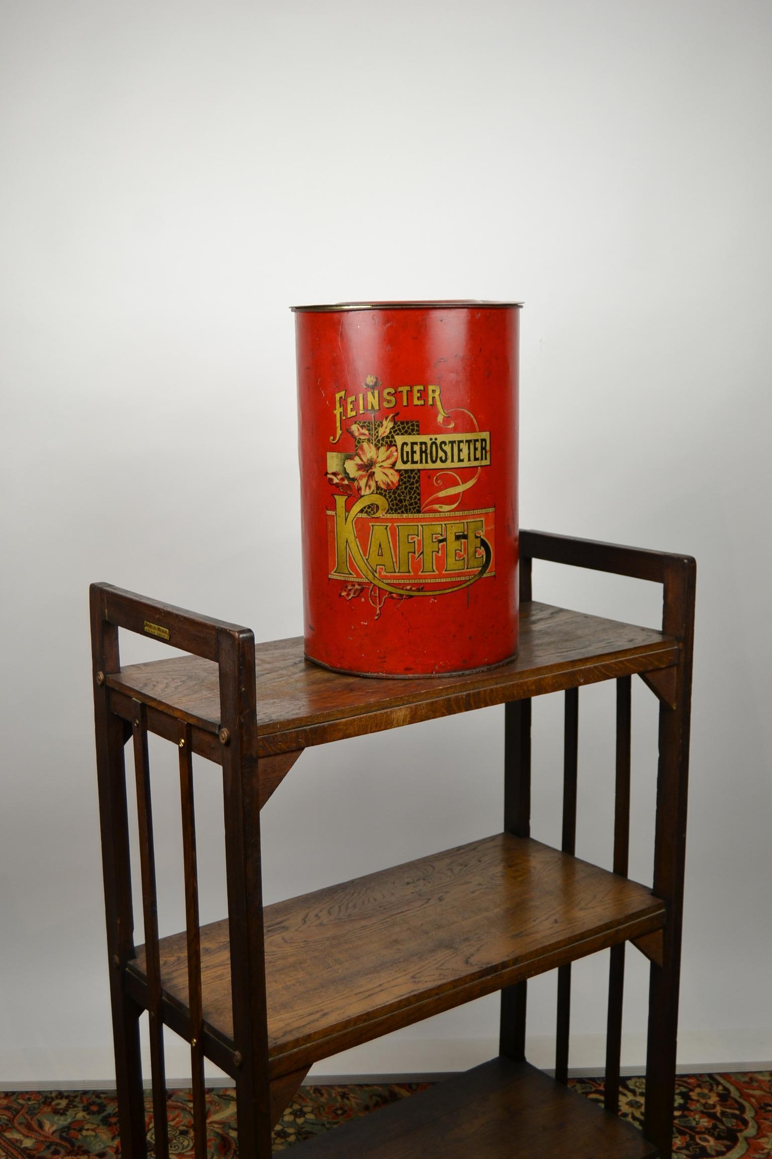 German Art Nouveau Coffee Bin, Red Tole with Flowers 10