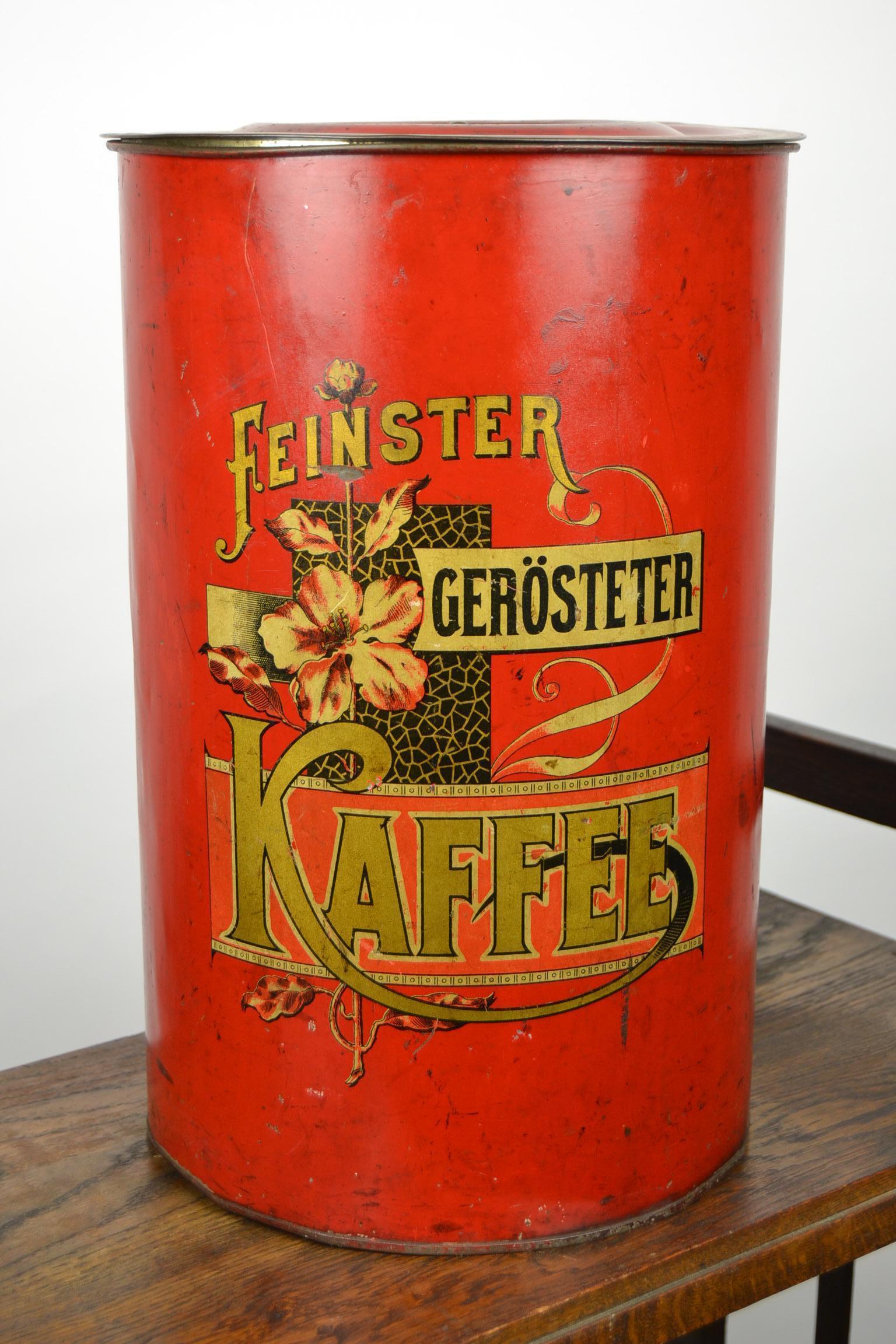 20th Century German Art Nouveau Coffee Bin, Red Tole with Flowers