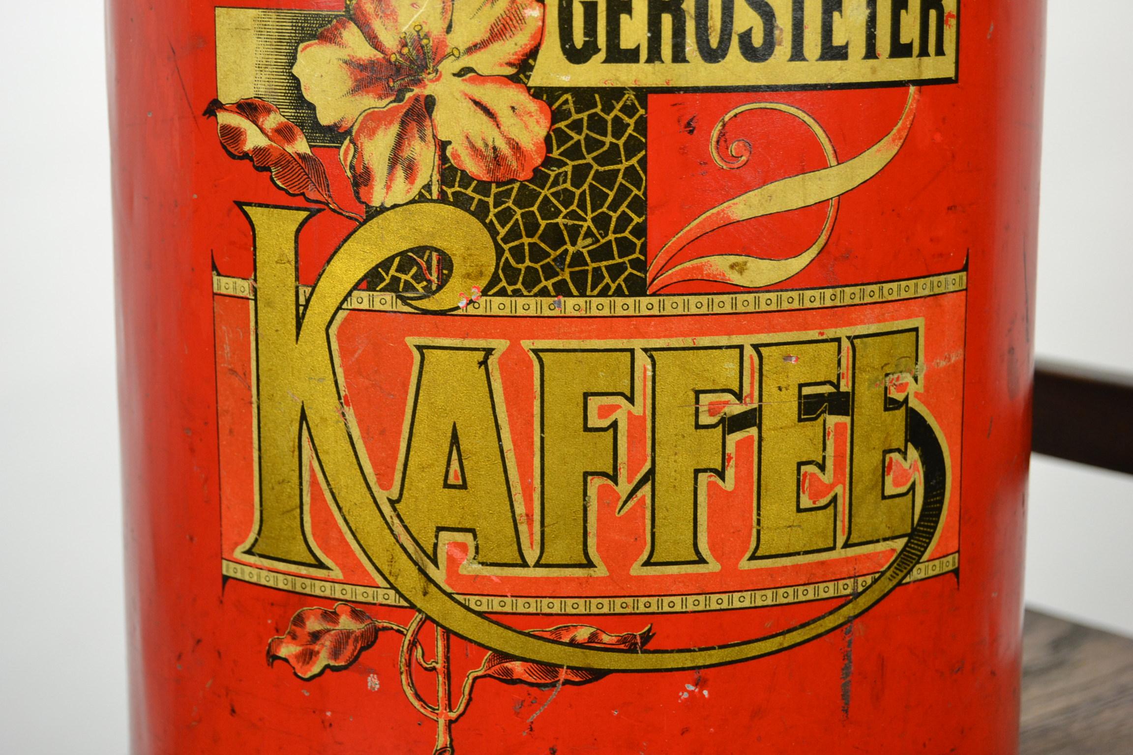 German Art Nouveau Coffee Bin, Red Tole with Flowers 1