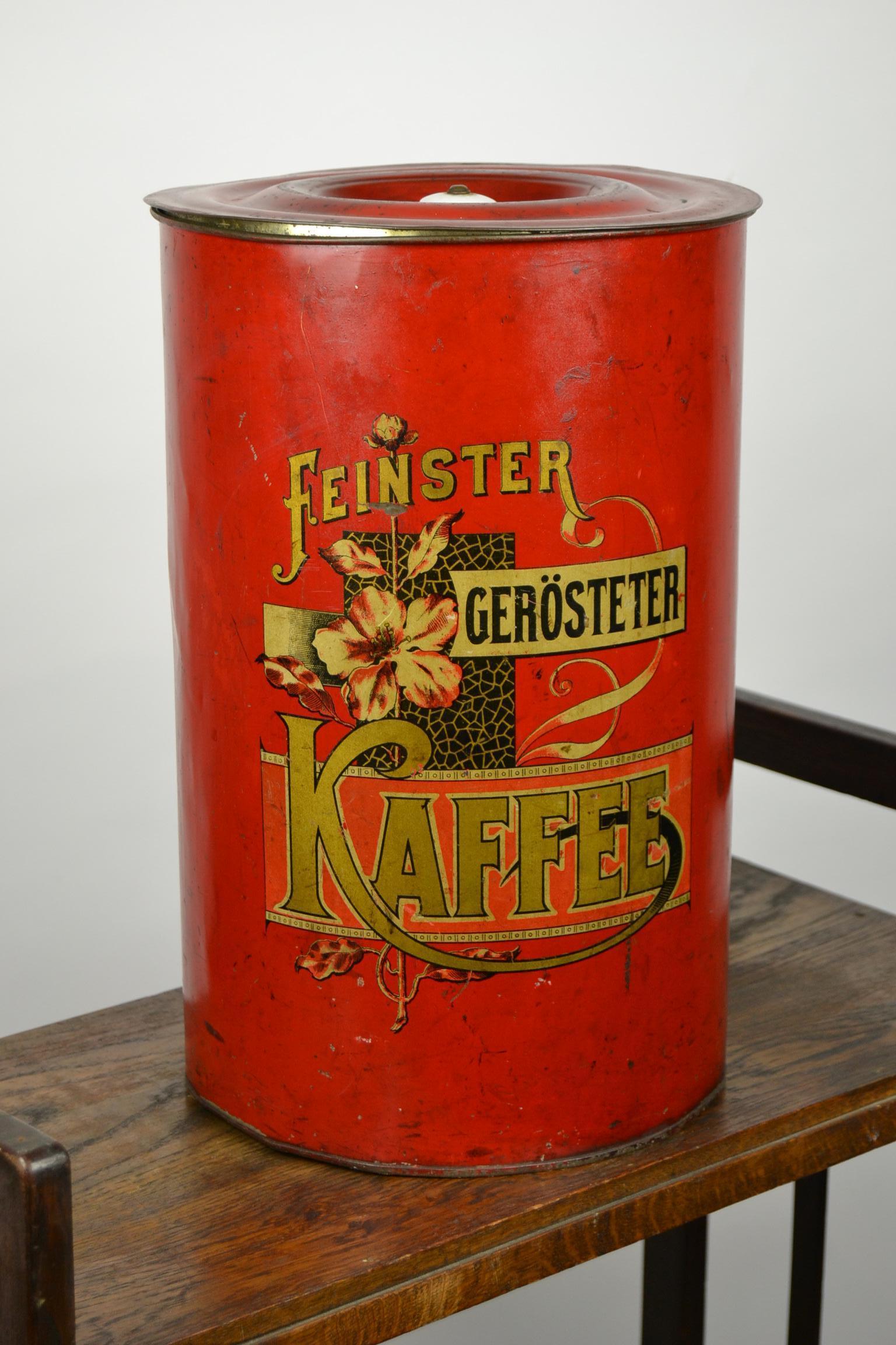 German Art Nouveau Coffee Bin, Red Tole with Flowers 3