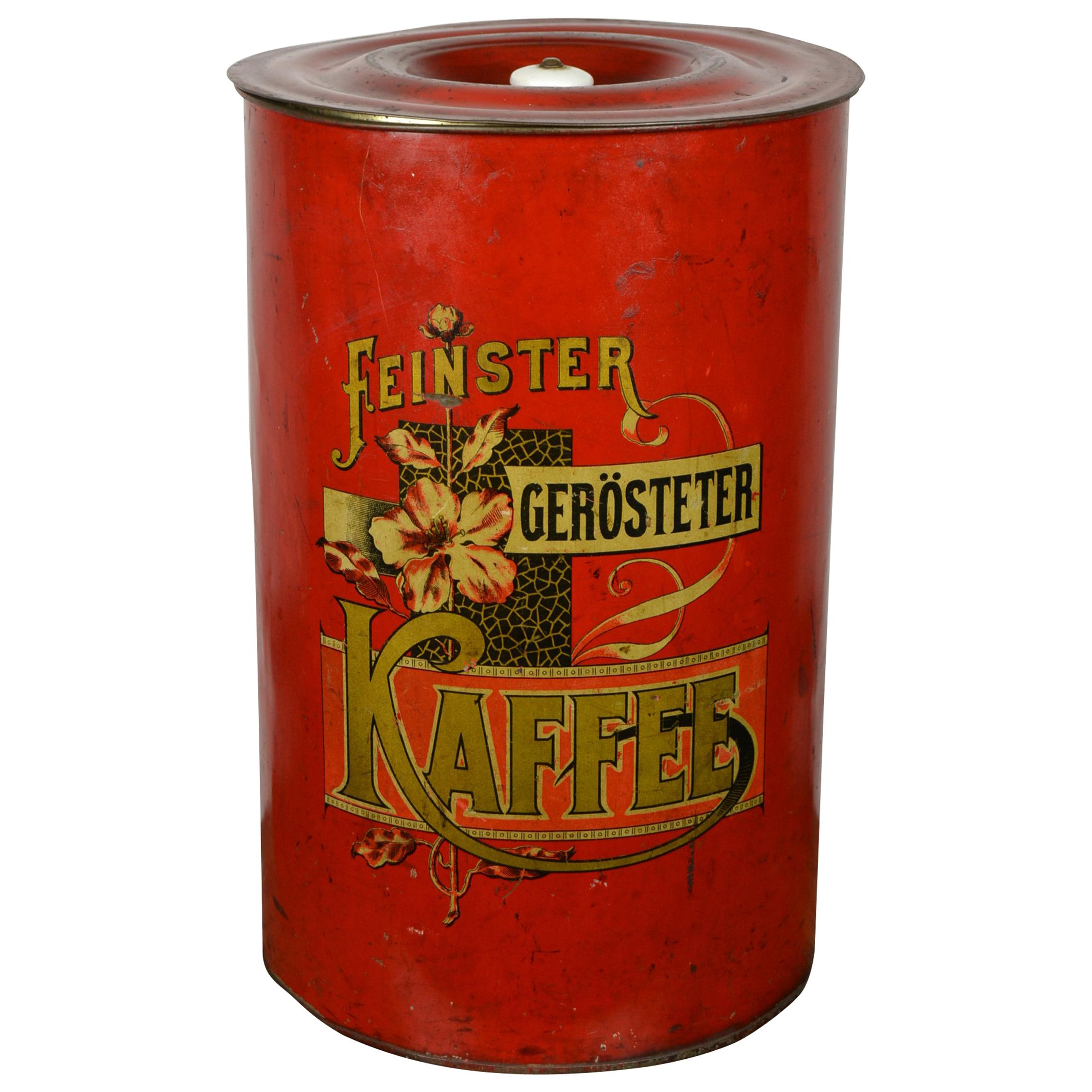 German Art Nouveau Coffee Bin, Red Tole with Flowers