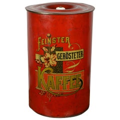 Used German Art Nouveau Coffee Bin, Red Tole with Flowers
