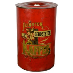 Antique German Art Nouveau Coffee Bin, Red Tole with Flowers