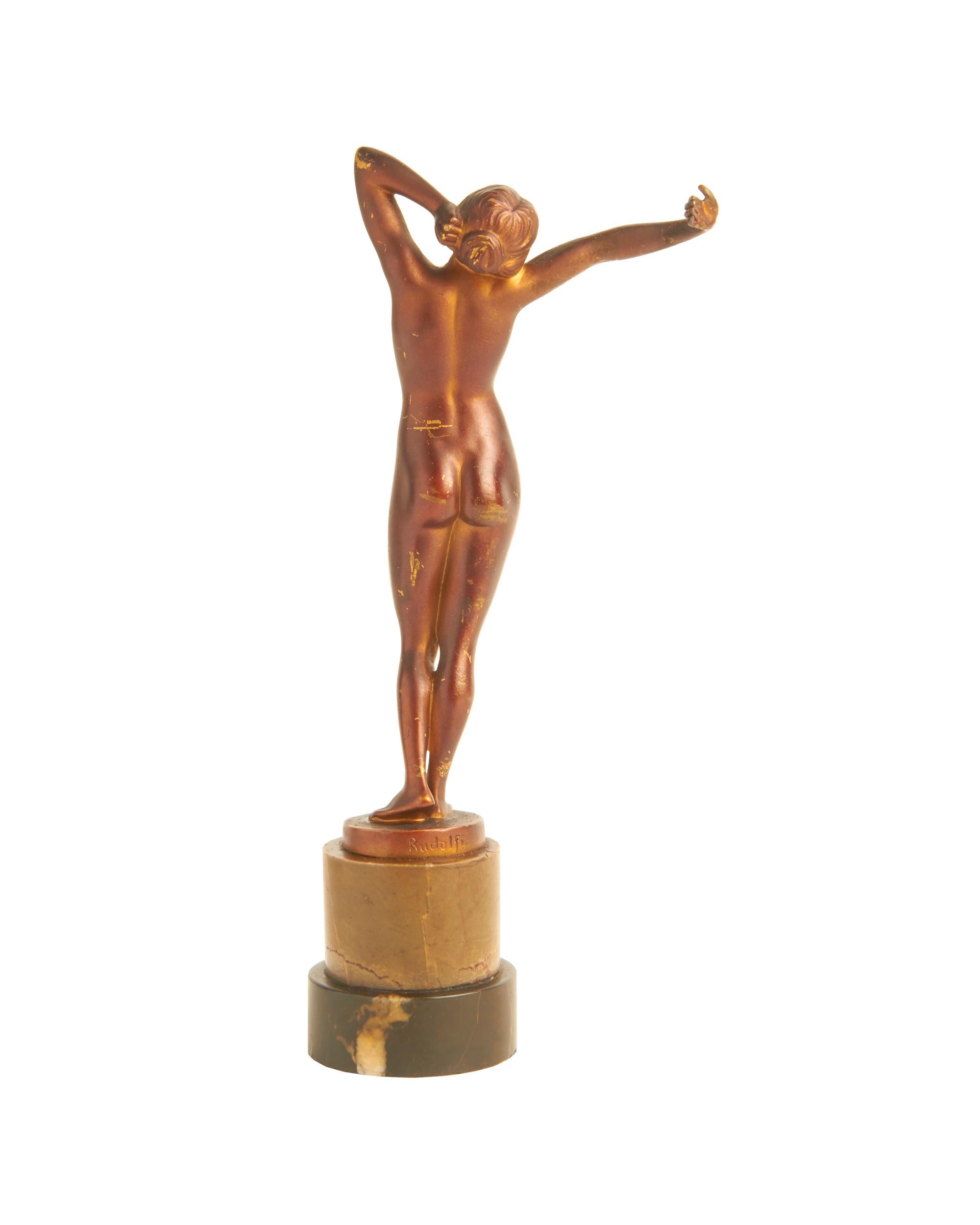Cast German Art Nouveau Gilt Bronze Female Nude Figurine, The Awakening by Rudolfi