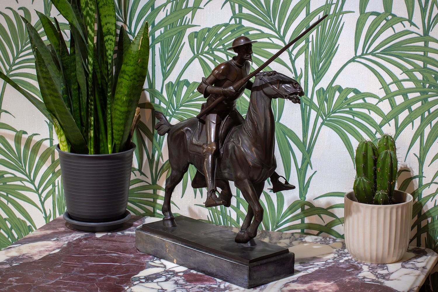 From our Sculpture collection, we are delighted to offer this German Bronze featuring Don Quixote. The Bronze cast in a styled naturalistic form as a horse and rider bearing a jousting pole. The Bronze modelled as Don Quixote from the early 17th