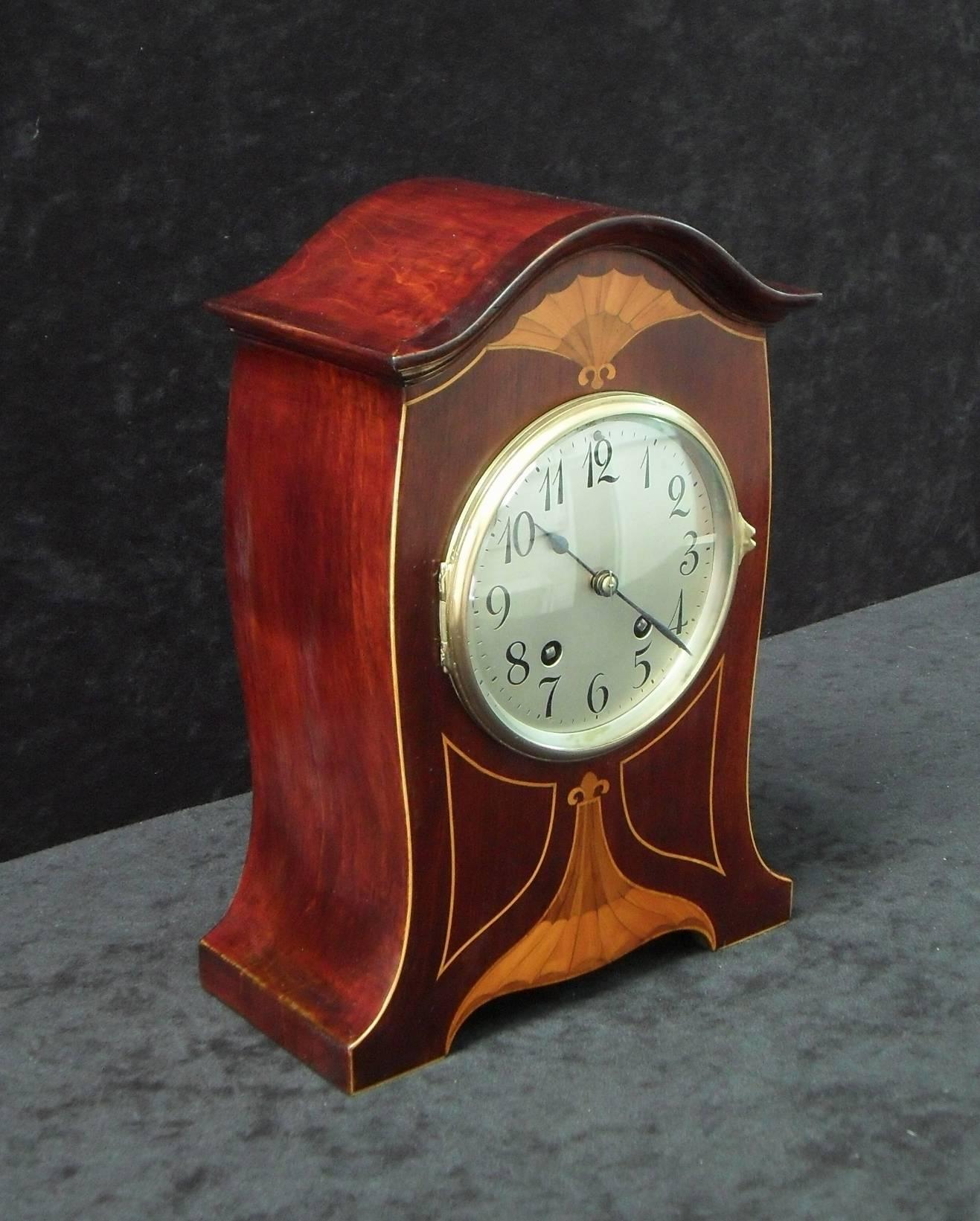Inlay German Art Nouveau Mahogany Inlaid Mantel Clock by Lenzkirch