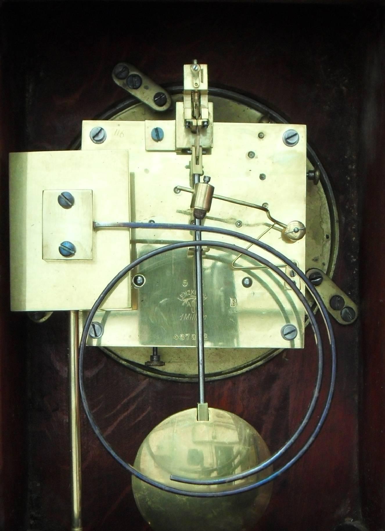 German Art Nouveau Mahogany Inlaid Mantel Clock by Lenzkirch 1