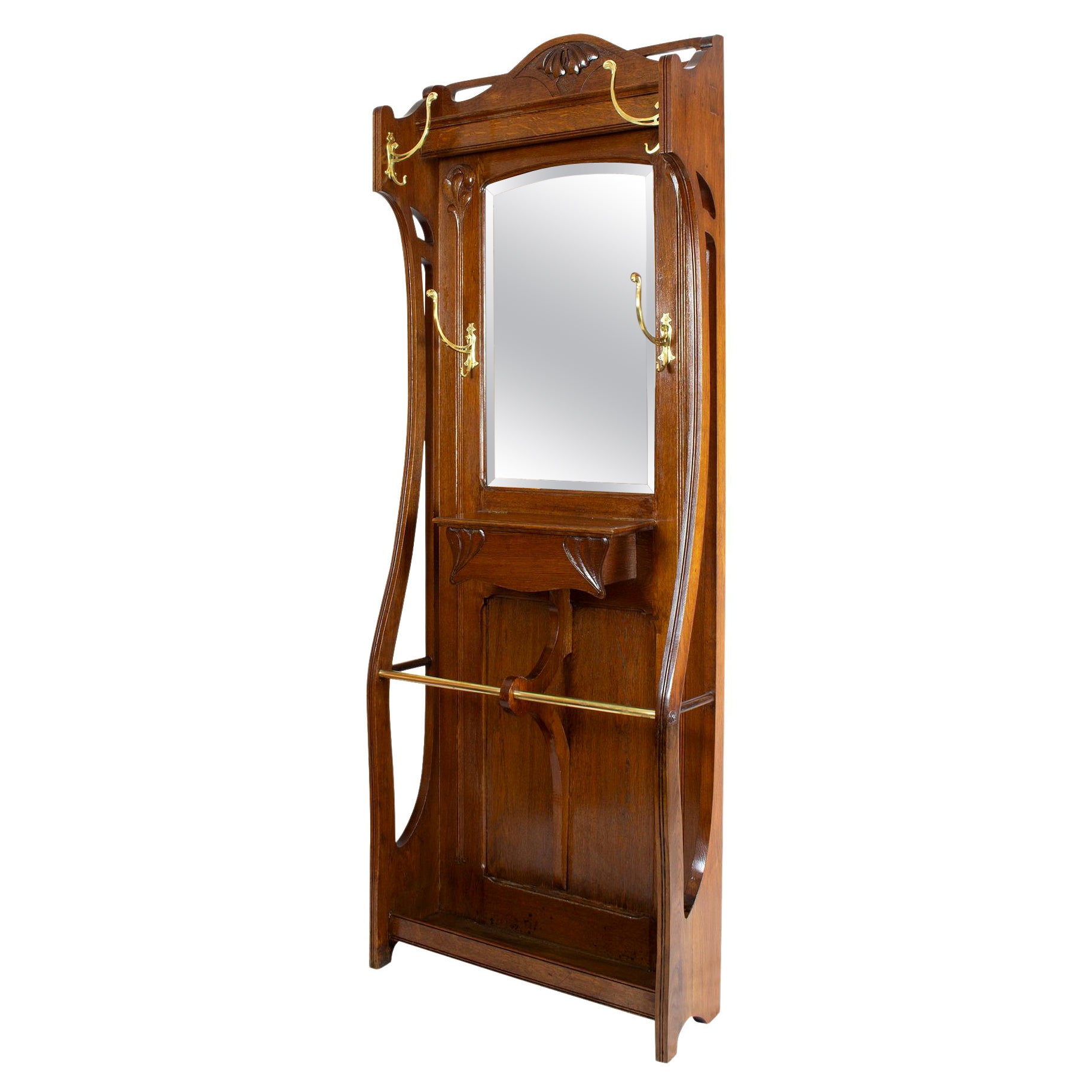 Appendiabiti tedesco Art Nouveau in legno di quercia con ganci in ottone