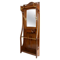 Appendiabiti tedesco Art Nouveau in legno di quercia con ganci in ottone
